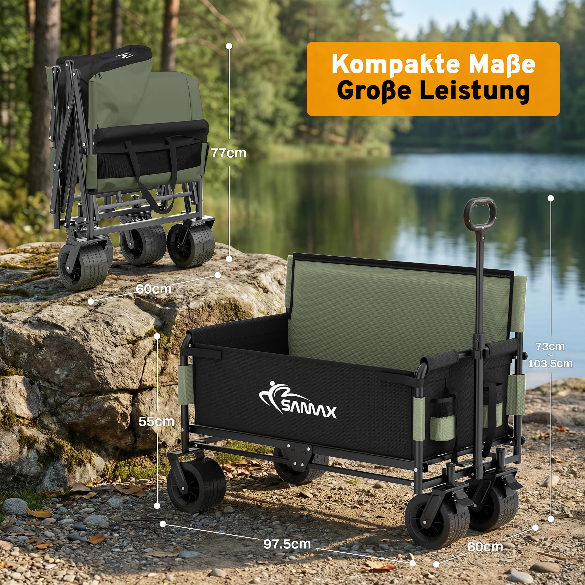 SAMAX Wózek ręczny do 200kg - 2w1 z ławką - Wózek ogrodowy Wózek plażowy Składany składany wózek transportowy Wózek transportowy - Festival Edition Zielony Matcha
