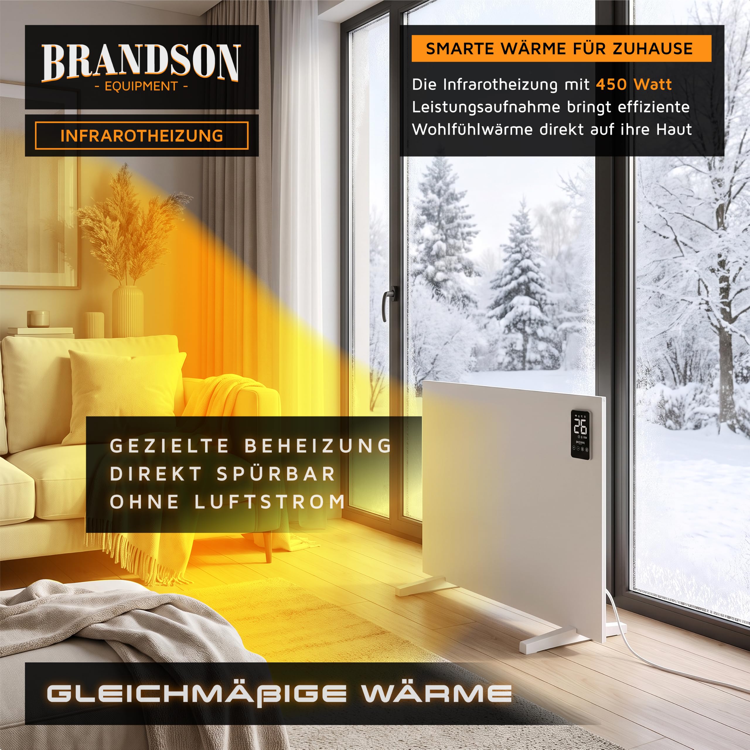 Brandson - Infrarotheizung Smart mit App 450 Watt - Heizpaneel mit LED Display – Timer – APP Tuya Smart - Temperaturfühler Thermostat – wahlweise Wandmontage oder Standgerät - Heizung Infrarot