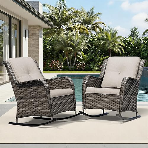 Miniatura 151 de Joyside Silla mecedora giratoria para exteriores para patio, mecedora de mimbre para exteriores con cojines de tela de olefina adecuada para porche