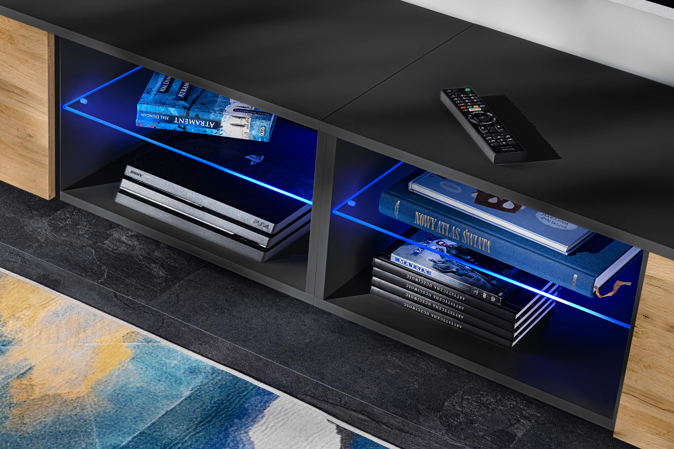 Komodee, Set Di Mobili RTV Varallo, Nero/Wotan, Larghezza 200 cm x Altezza 195 cm x Profondità 45 cm, LED RGB, Per Soggiorno, Camera Da Letto
