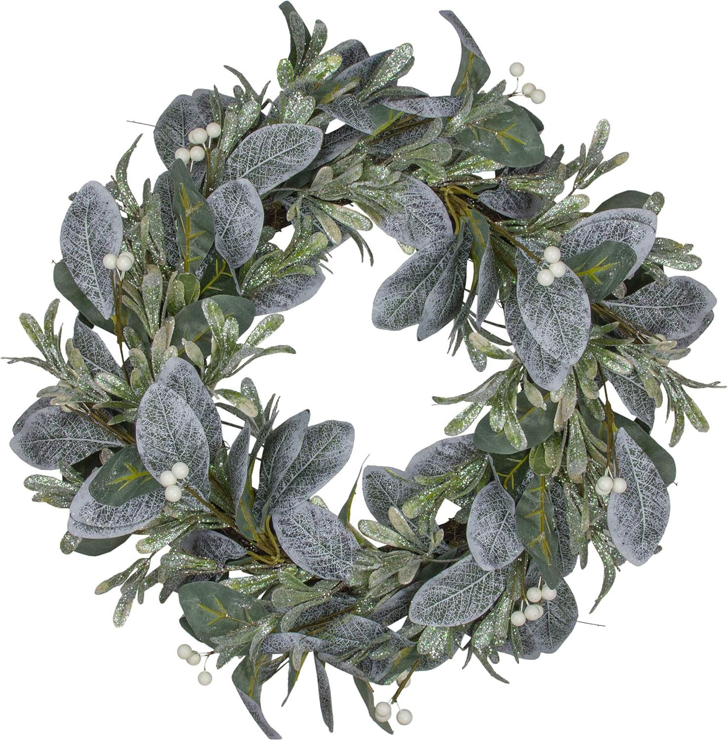 Iced Leaves and Winter Berries Artificial Christmas Wreath - 24 inch, Unlit