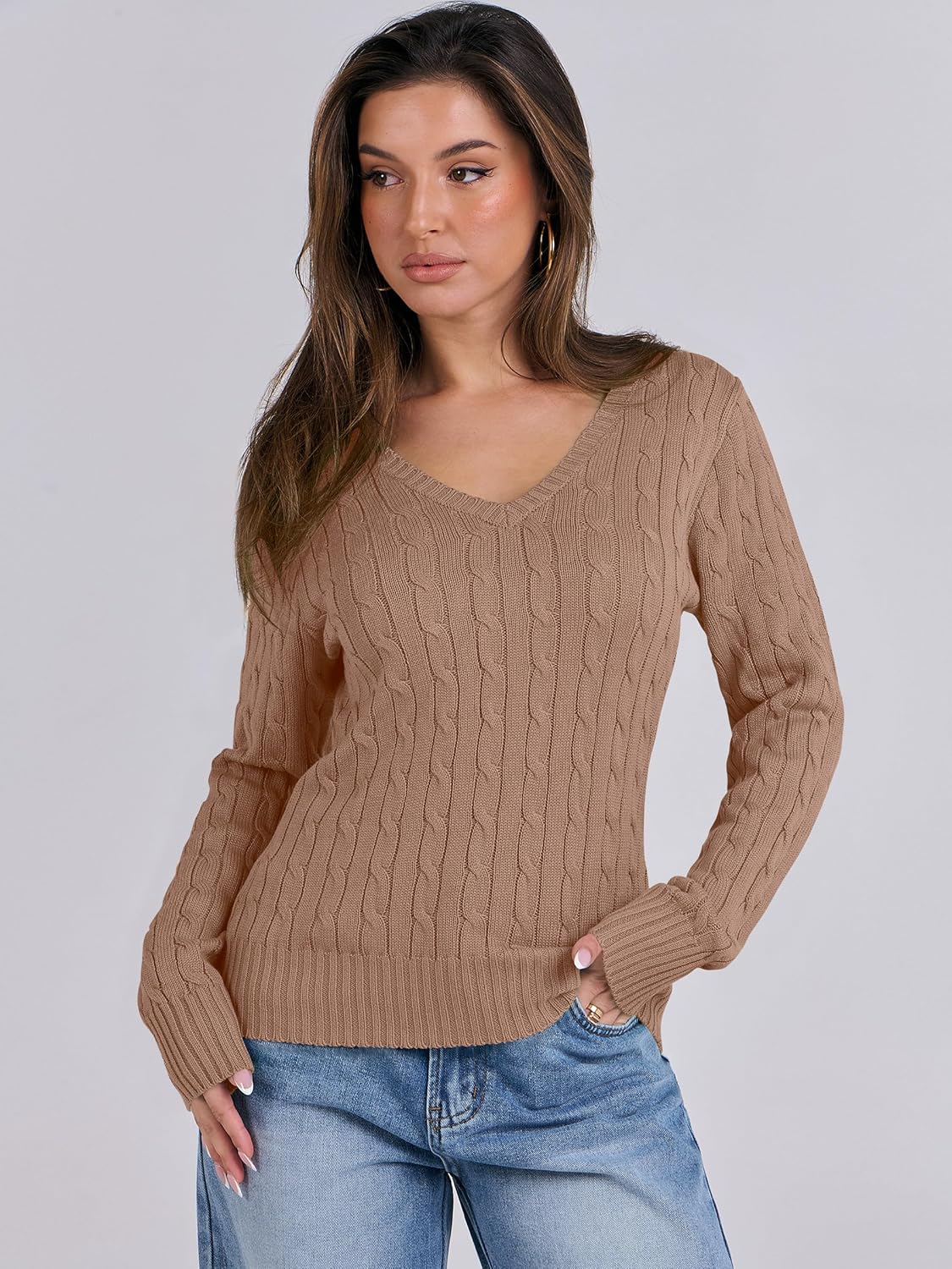 ANRABESS Womens Long Sleeve Cable Knit Sweater 2025 Fall Fashion V Neck Fitted Pullover Top Business Casual Work Fall Outfits - Image 2