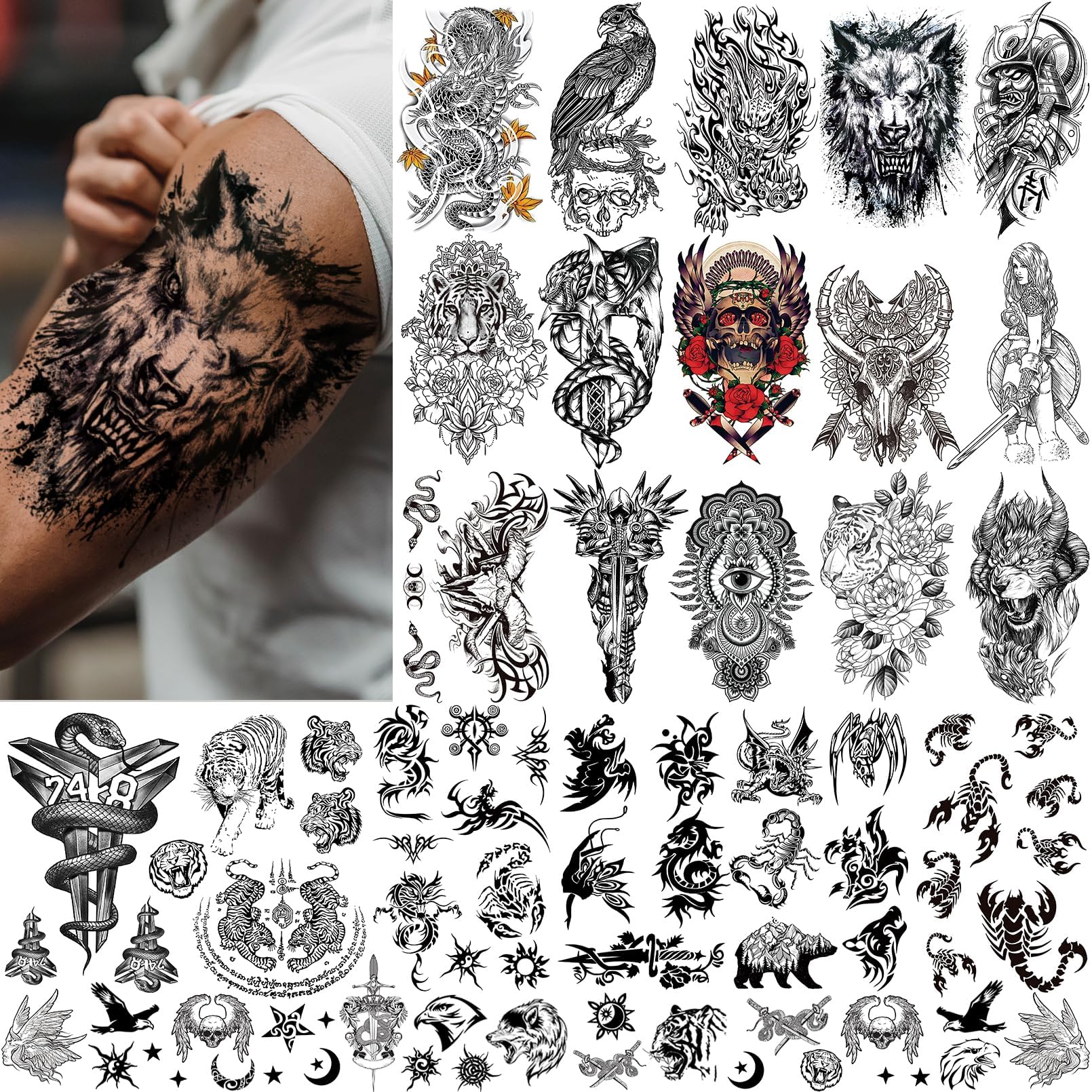 Aresvns Realistic Temporary Tattoo Stickers,16 Sheets Fake Body Arm Chest Shoulder Tattoos for Men or Women with 8 Sheets Tiny Black Tattoos for BBQ