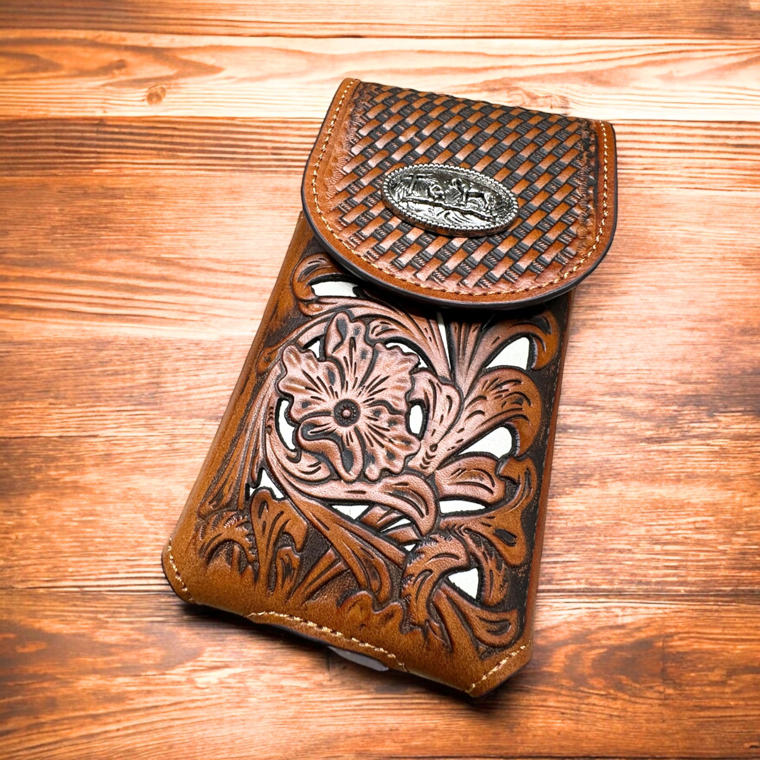 Western-Leder-Handy-Gürtelholster, Handytasche, Blumenmuster, Cowboy, betender Concho, Korbgeflecht, für iPhone, Samsung 15 Plus 14 Pro Max, universell (Braun und Weiß)
