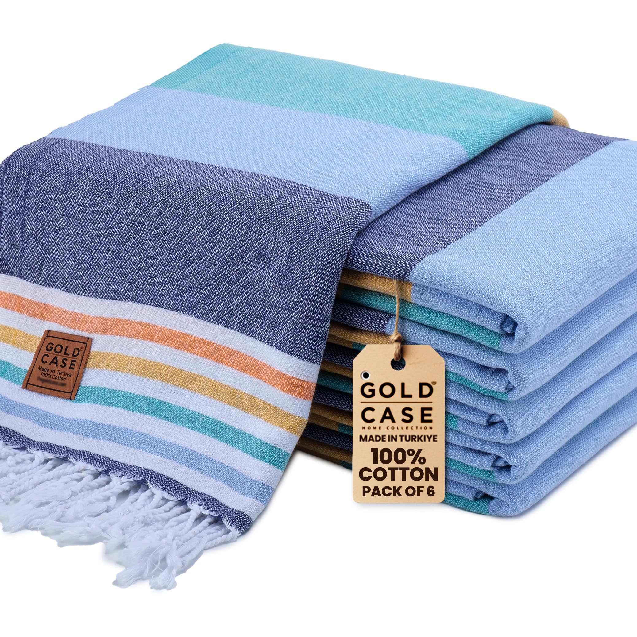 Gold CASE Turkish Beach Towel Set of 6 – 100% Cotton Large Bath Towels 70 x 38'' – OLYMPOS Oversized, Quick Dry & Sand Free Beach Towel – Lightweight