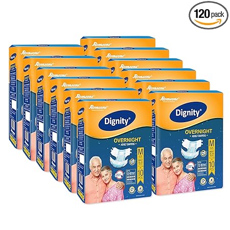Dignity Overnight Adult Diapers Tape Style - 120 Count (Medium) with Extra Absorbent Core, Wetness Indicator, Waist Size 28