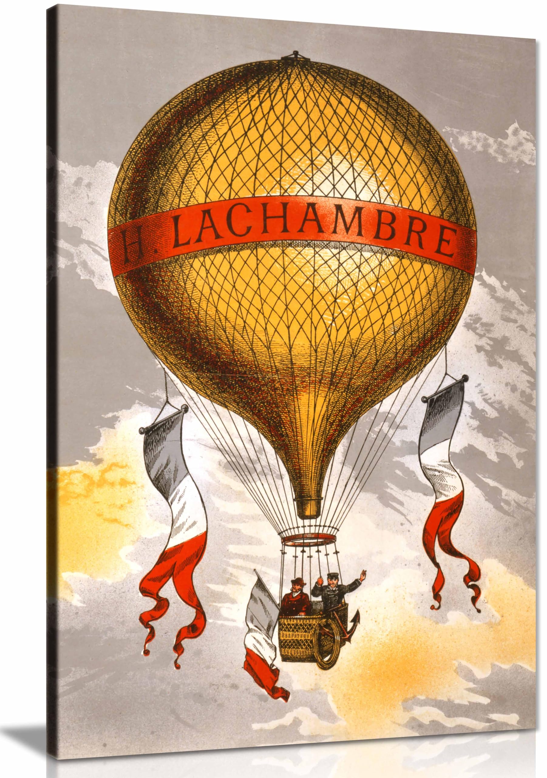 Balloon Labeled With Two Men Riding In the Basket 1880 Framed Canvas Print, Pictures for Home Walls, Bedroom, Living Room & Bathroom Decor 91x61cm (36x24in)