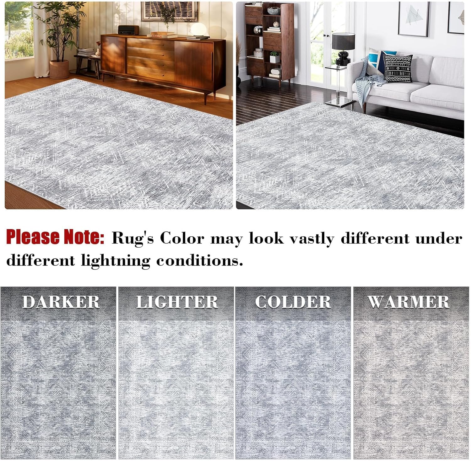 GarveeHome Washable Rug 4x6, Grey Boho Living Room Area Rug, Geometric Non-Slip Farmhouse Bedroom Carpet Dorm Room Throw Rug, Low Pile Soft Accent Mat for Kitchen Entry Office 4'x6' Grey