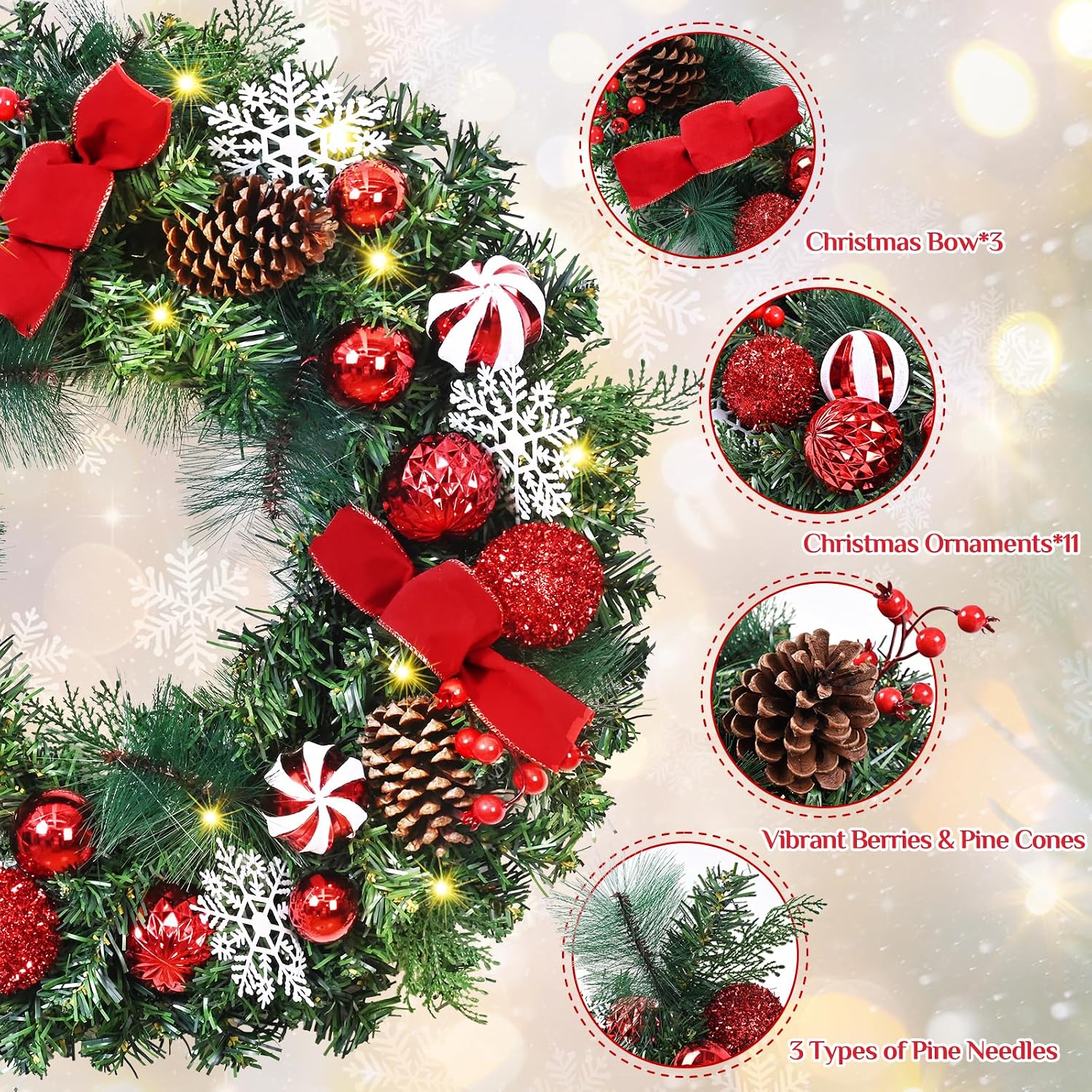 Christmas Wreaths for Front Door - 18'' Christmas Wreath with Lights Bow Berries Cones Pine Needles, Christmas Door Wreath for Home Door Wall Party Christmas Decorations