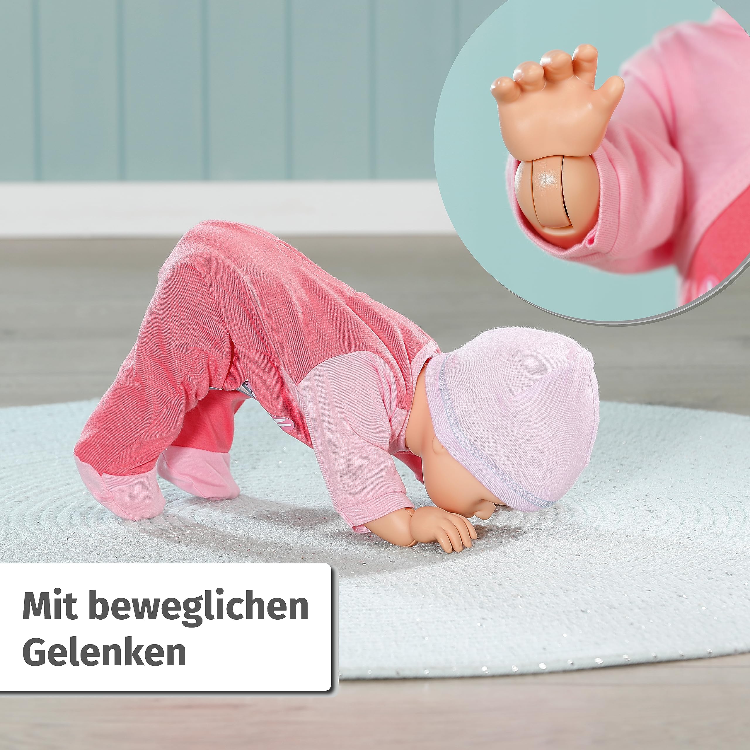 Baby Annabell Emily lauf mit Mir 43cm, Krabbel- und Lauflernpuppe mit Soundfunktion, rosa Strampler und Mütze, 710623 Zapf Creation