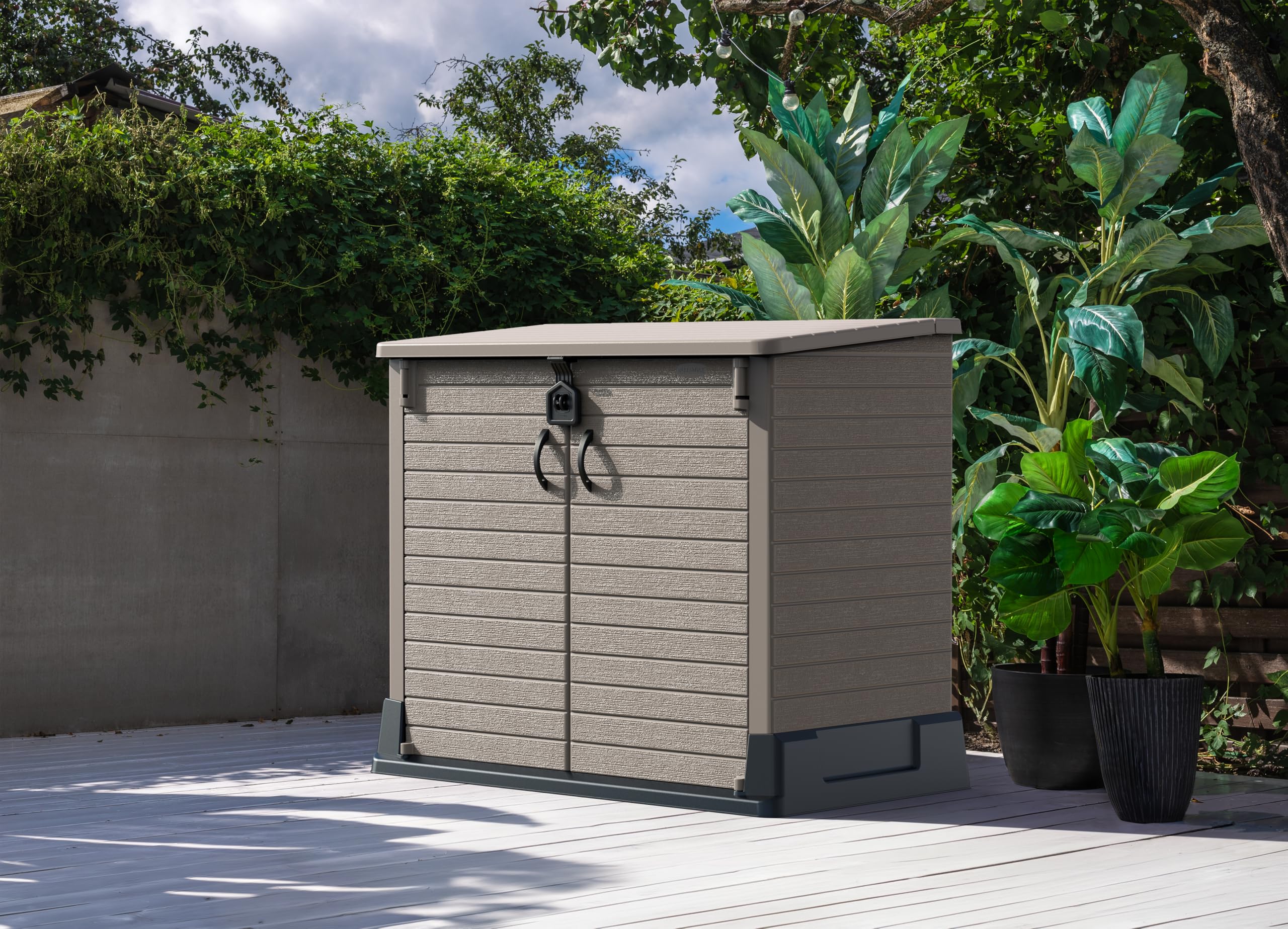 Duramax StoreAway 850L Plastic Garden Shed, Outdoor Storage Shed, Wheelie bin box, Wheelie Bin Hideaways, Durable Construction, Ideal for Tools, BBQs & 2x Garbage Bins, 130x74x110 cm, Warm Taupe