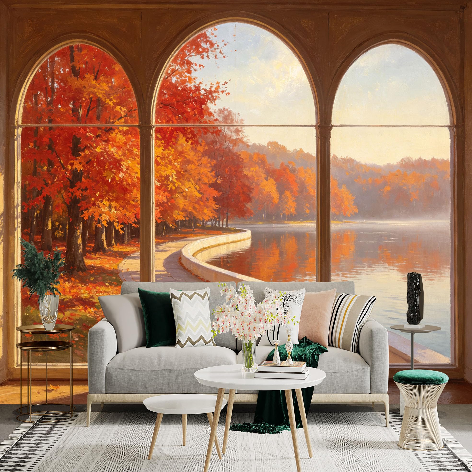 Custom Size Wall Sticker Mural， Scenic Window View of Autumn Forest， Vibrant Maple Leaves by the Lake， Peaceful Riverside Walkway， for wall Decoration， peelandstick wall Decals.