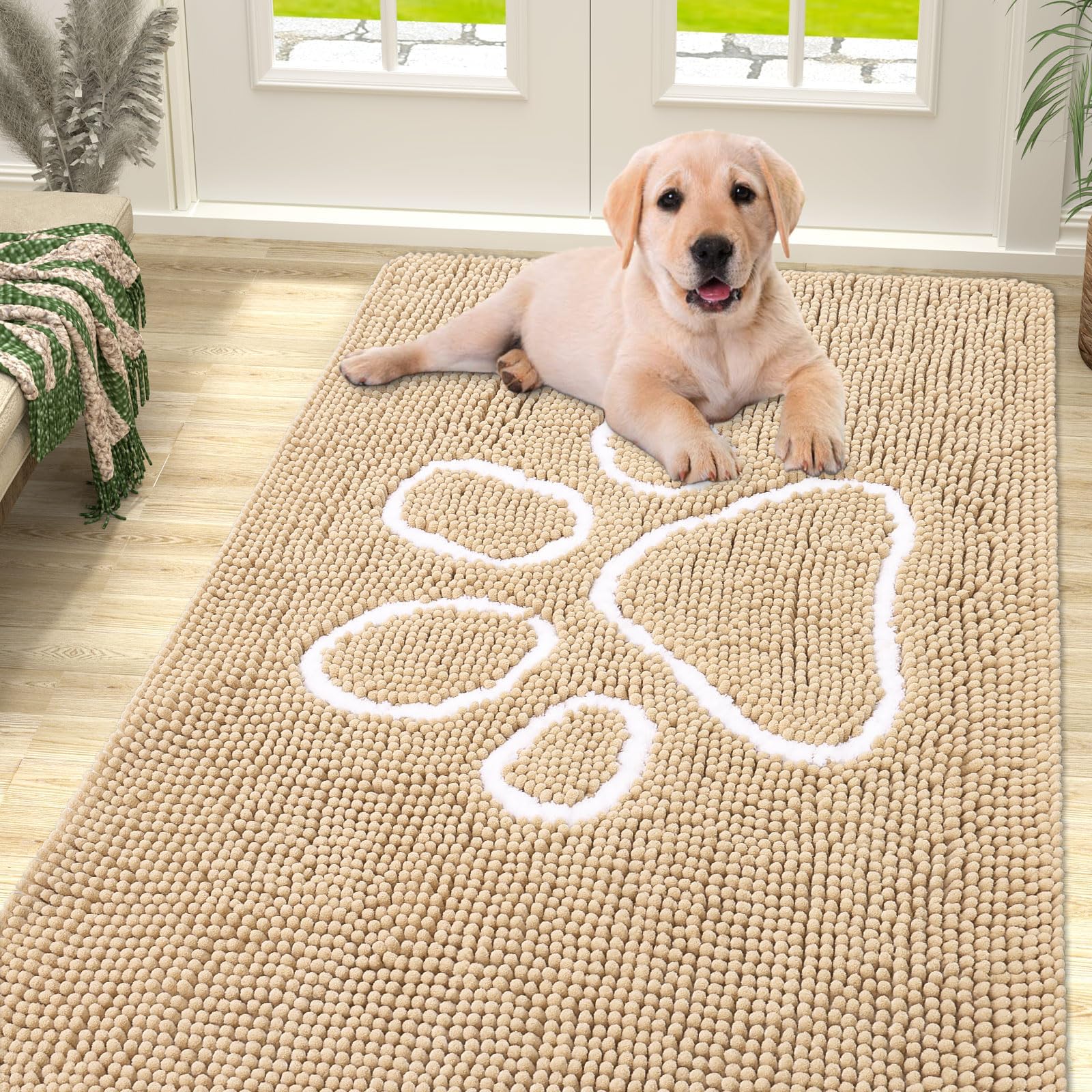 smiry Dog Door Mat for Muddy Paws, Absorbent Dirt Trapper Non-Slip Washable Mat, Quick Dry Chenille, Mud Mat for Dogs, Entry Indoor Door Mat for Inside Floor (59x35 Inches, Beige)