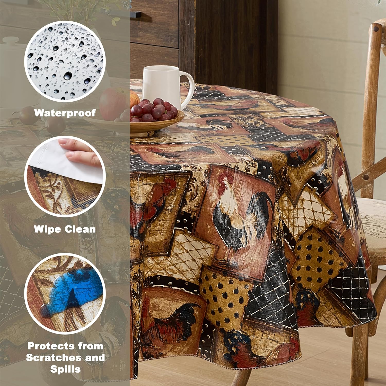 Newbridge Round Vinyl Flannel Backed Tablecloth, 70 Inch, Vintage Rooster, Farmhouse Vinyl Flannel Backed Table Cloth - Image 3