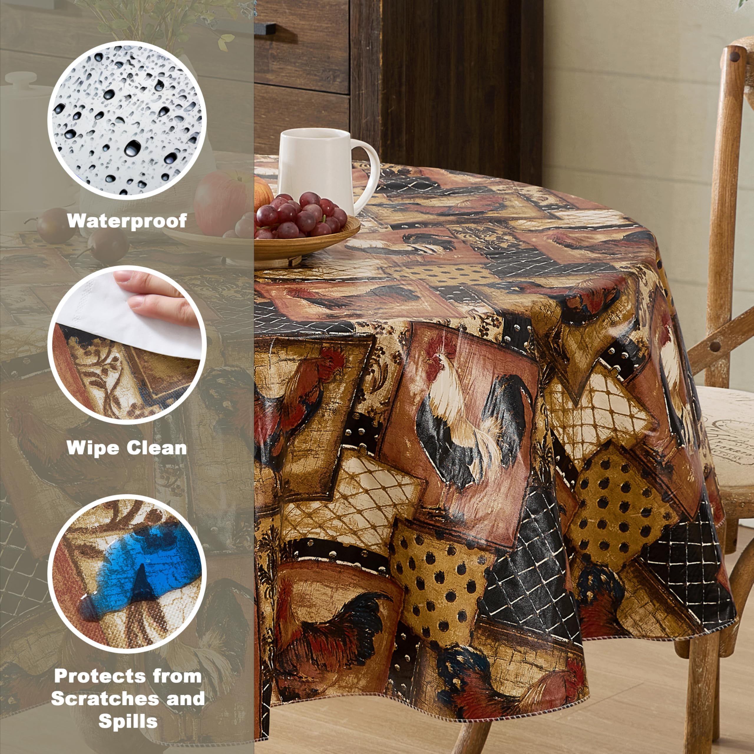 Newbridge Farm Fresh Rooster Vinyl Tablecloth - 52x70 Inch, Flannel Backed, Indoor/Outdoor - View #11