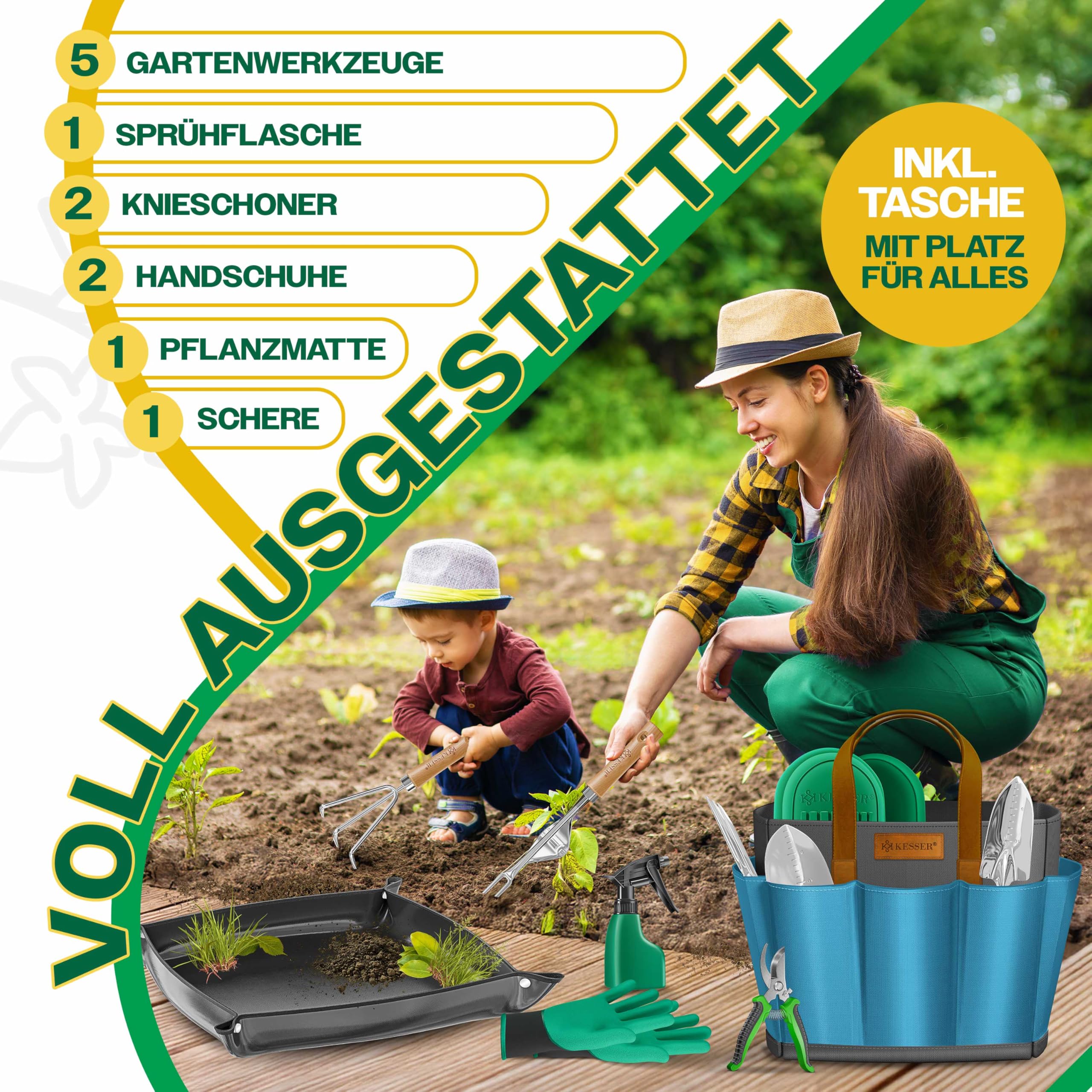 KESSER® Gartenwerkzeug Set 10-teilig mit ergonomischen Holzgriffen inkl. wasserdichte Tasche aus 600D Oxford-Material, Knieschoner, Pflanzmatte, Sprühflasche, Gartenschere, Handschuhe für Gartenarbeit