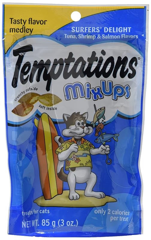Petisco para gatos adultos Whiskas Temptations Mix Ups Surfers Delight, sabores atum, camarão e frutos do mar, 85 g
