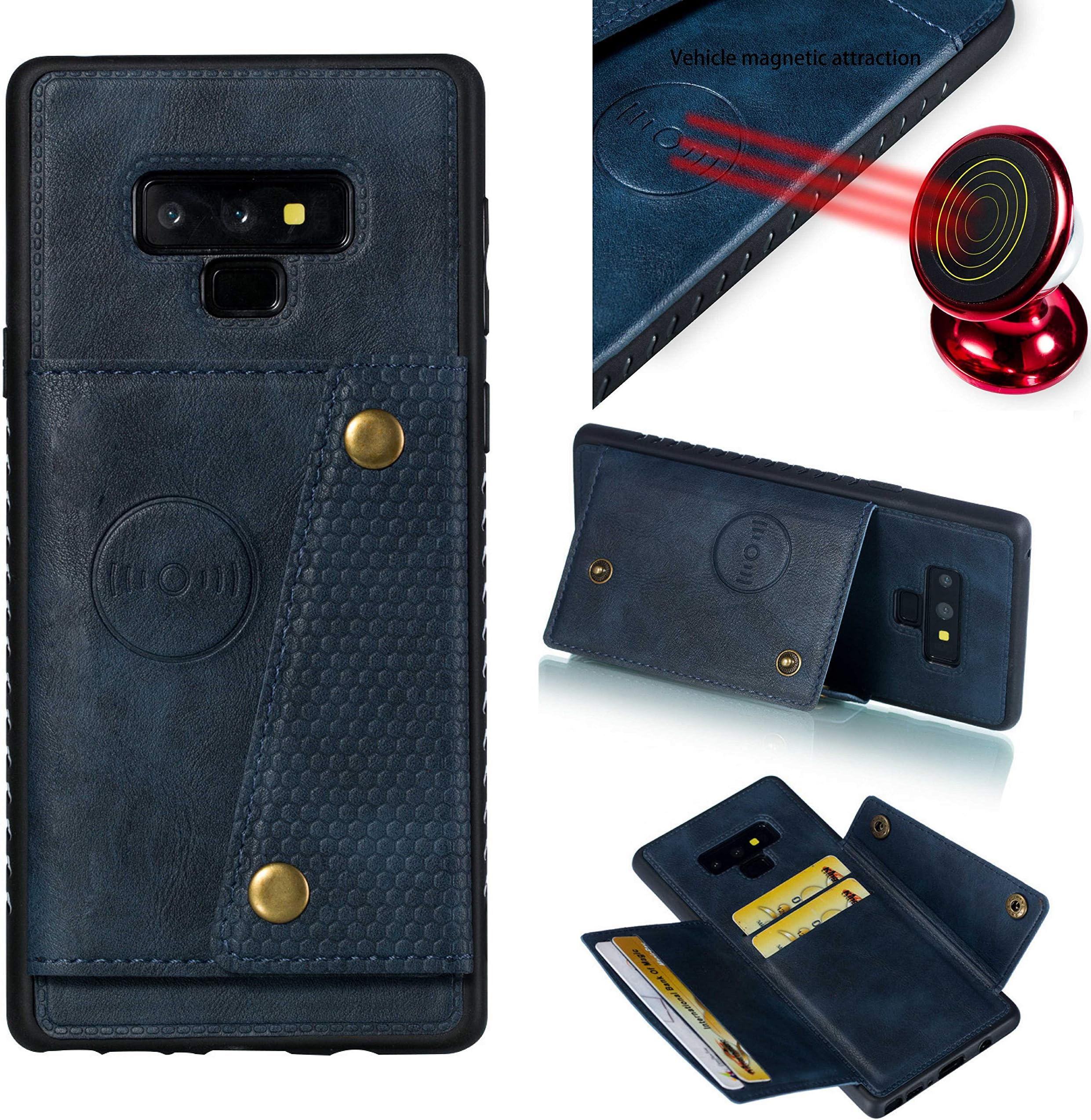Galaxy Note 9 Case: Full Body Armor: Leather Samsung Galaxy Note 9 with Card Holder- Magnetic car Mount Kickstand Wallet (Blue- Note 9)