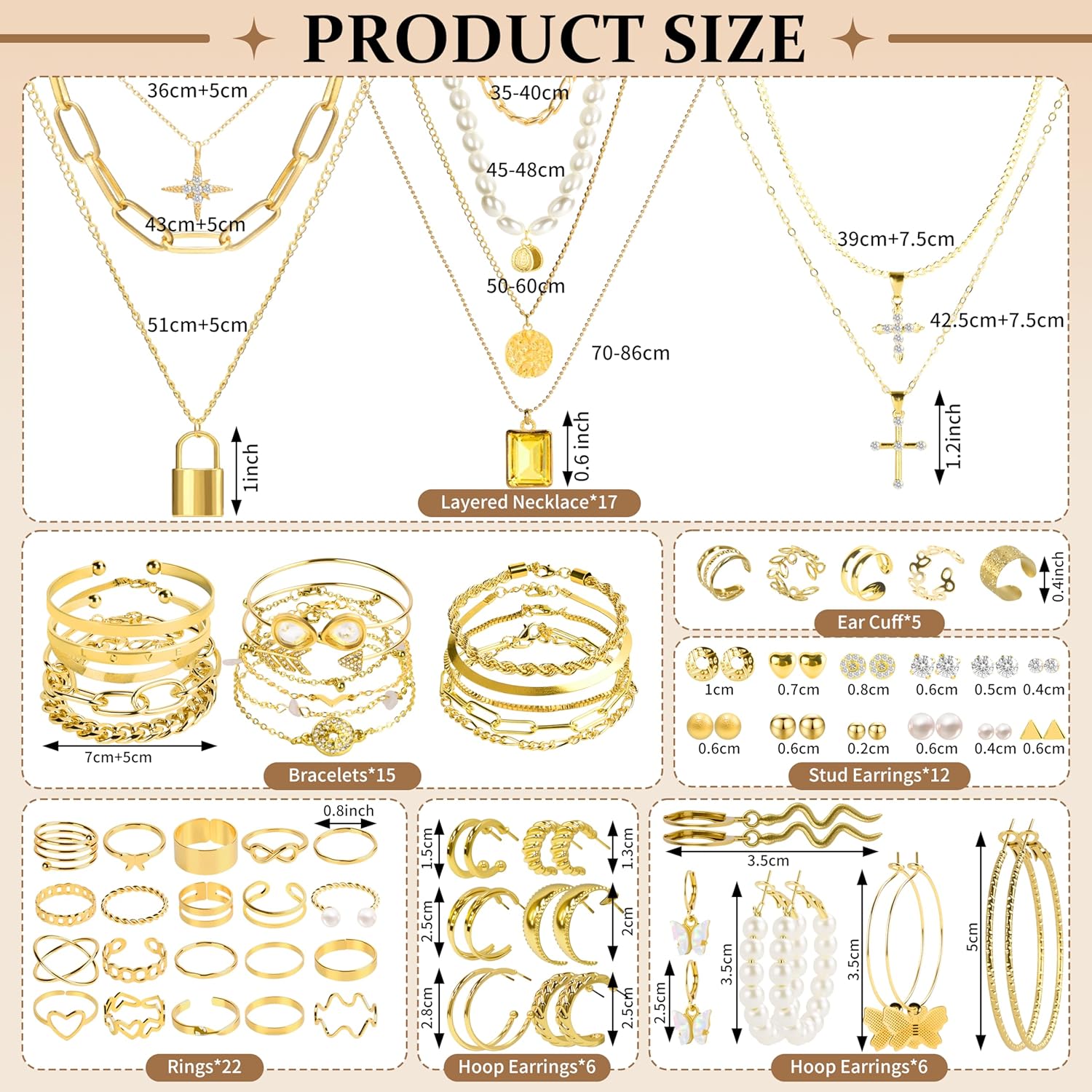 86 Pcs Gold Jewelry Set for Women, Alloy Plated Fashion Set with 17 Necklace, 15 Bracelets, 16 Stud Earrings, 11 Hoop Earrings, 22 Rings, 5 Ear Cuff for Friendship Party Birthday Gifts - Image 2