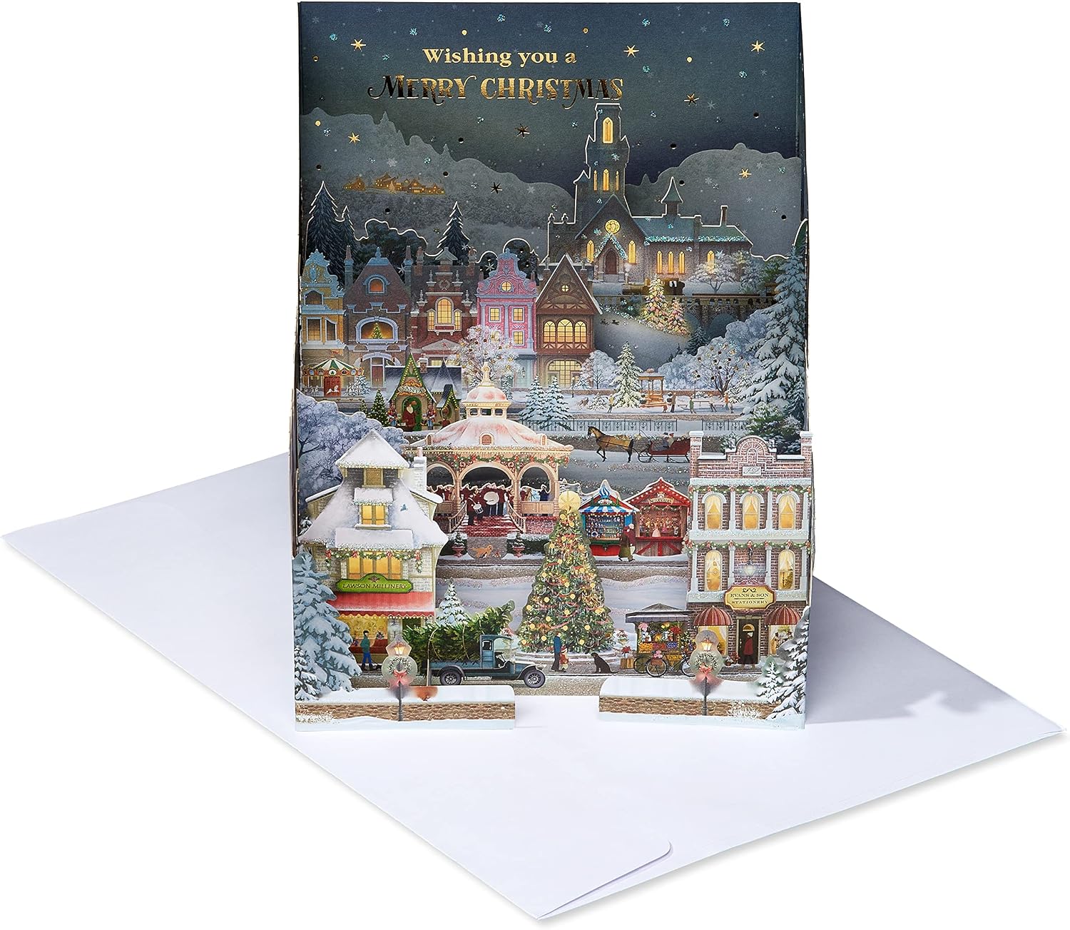 American Greetings Pop Up Christmas Card, Magic Moments Displayable 3D Wintery Christmas Village Scene-Designed by Jacquie Lawson (And Happy New Year)