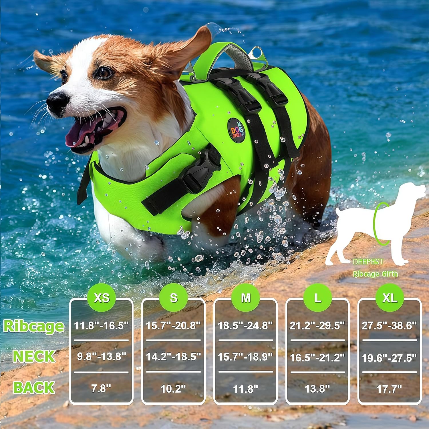Dogcheer Dog Harness Life Jacket, High Buoyancy Neoprene Dog Life Vest for Swimming Boating, Adjustable Puppy Swim Vest Reflective Pet Float Vest for Small Medium Large Dogs - Green, M