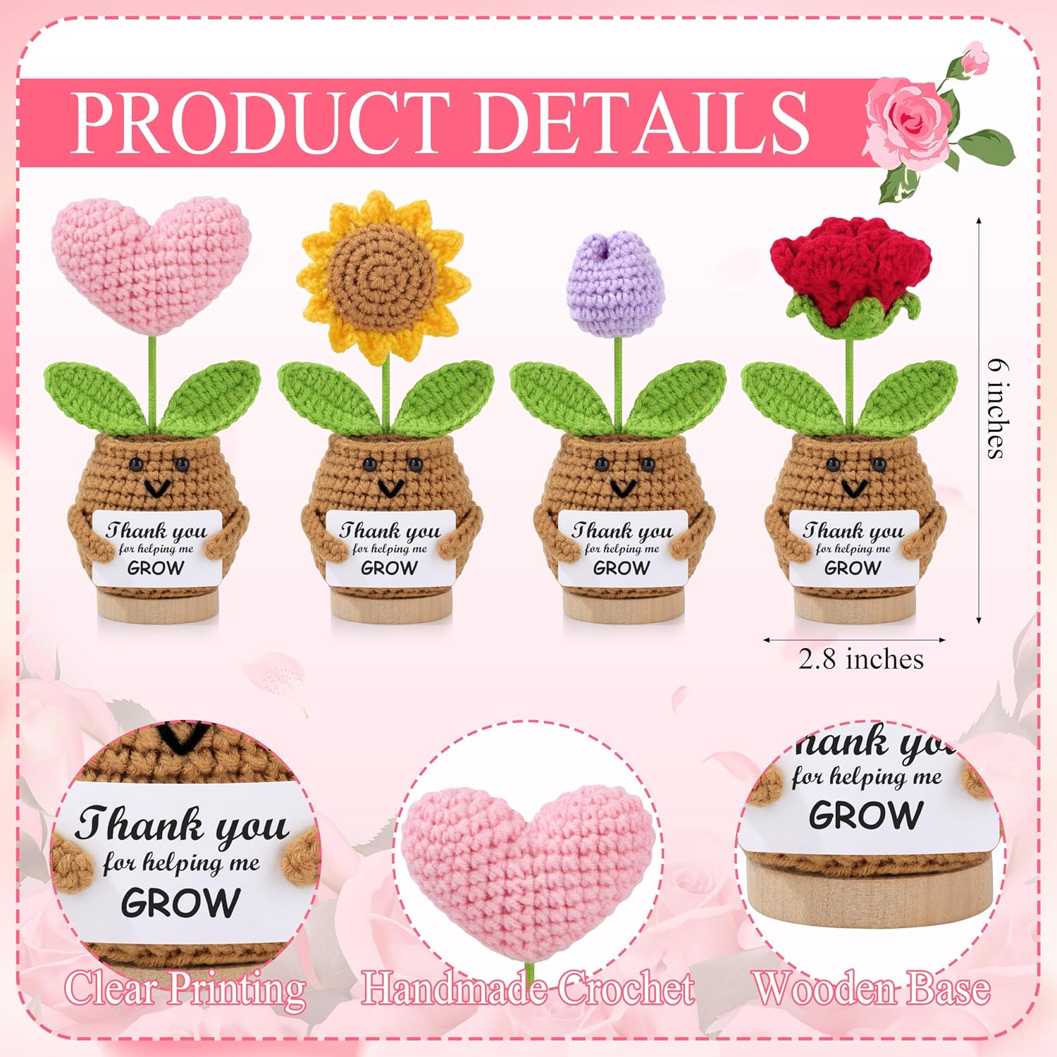 DOGMEM 4PCS Teacher Appreciation Gifts, Emotional Support Handmade Crochet Sunflower Gifts for Teacher, Teachers Day, Thank You for Helping Me Grow for Nurse Boss Friend Women