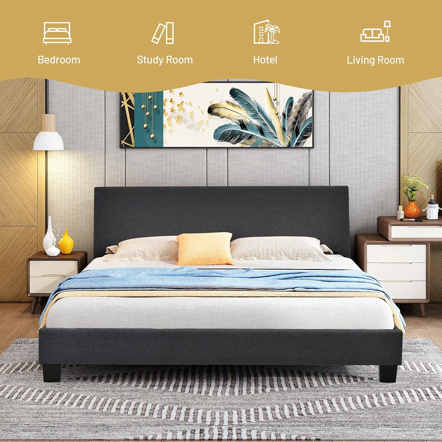 GORELAX Full Size Bed Frame with Headboard, Upholstered Linen Mattress Foundation w/Metal Frame & Wood Slats, No Box Spring Needed & Easy Assembly, Heavy Duty Low Panel Platform Bed Frame, Dark Grey