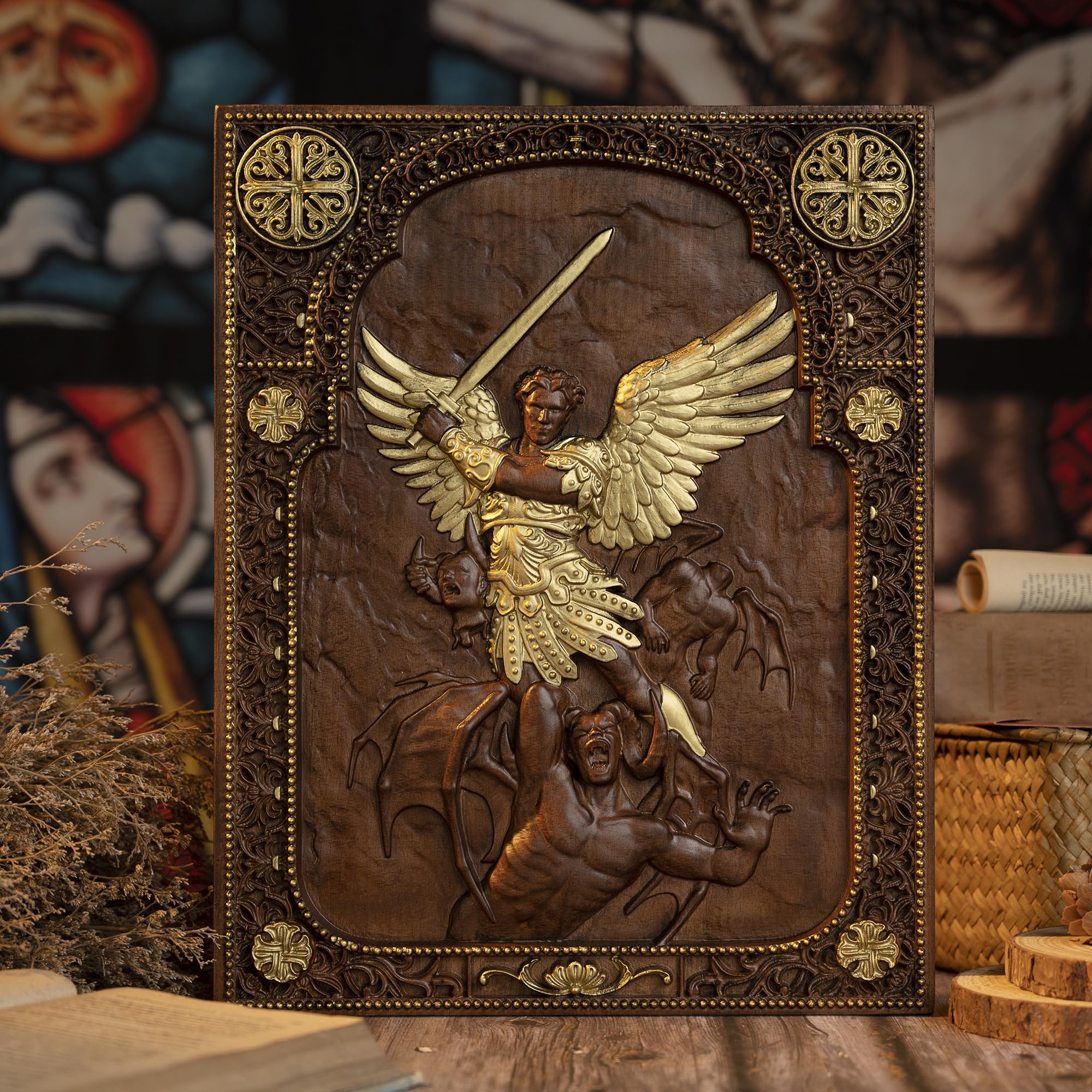 BGCOPPER Archangel Michael natural solid wood catholic christ wall cross guardian wood carving wooden icon religious gift (20 * 15.6 * 1.4inches, Outline in gold)