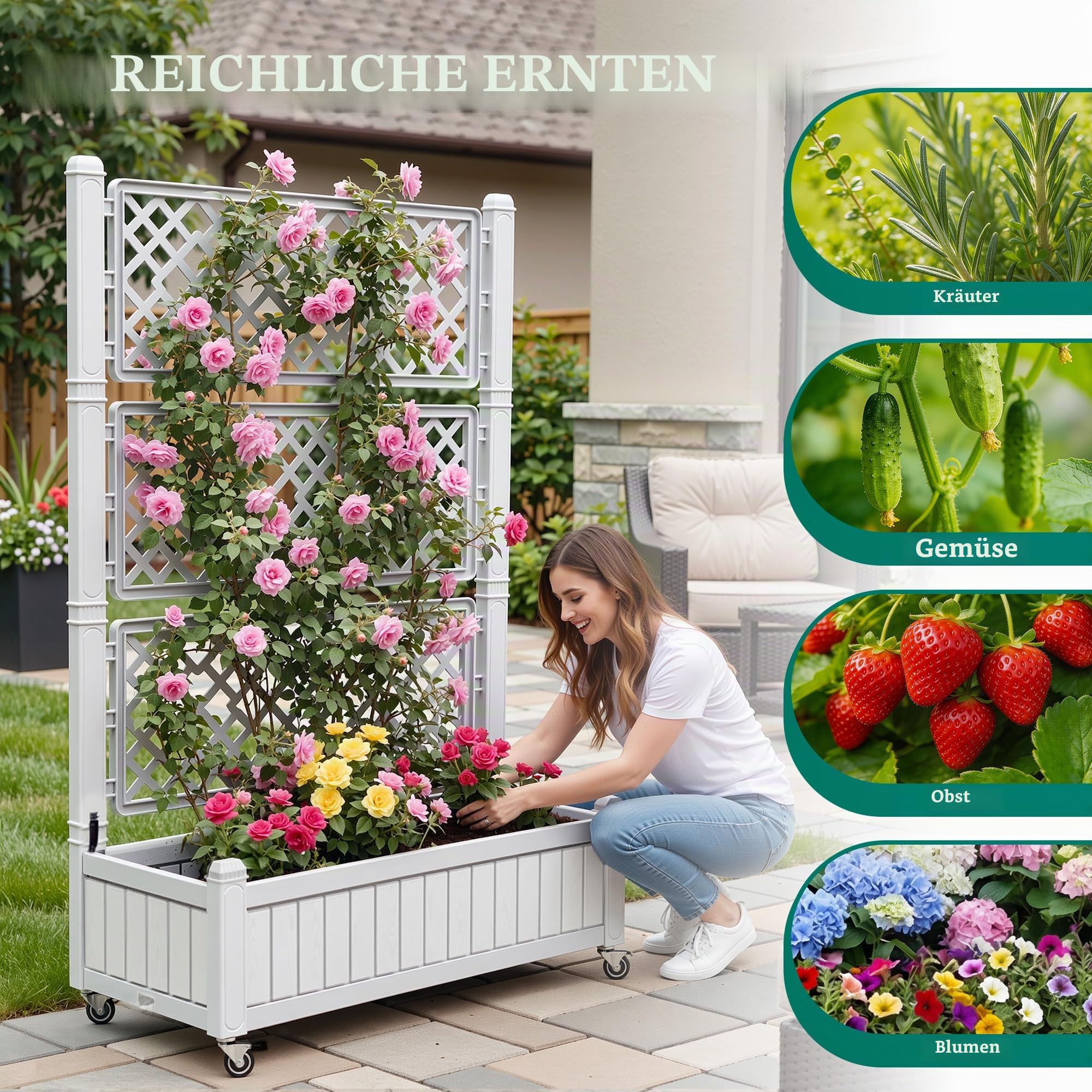 YITAHOME Hochbeete mit Rankgitter 108.5X44X155CM,Abflusslöchern und Rollen