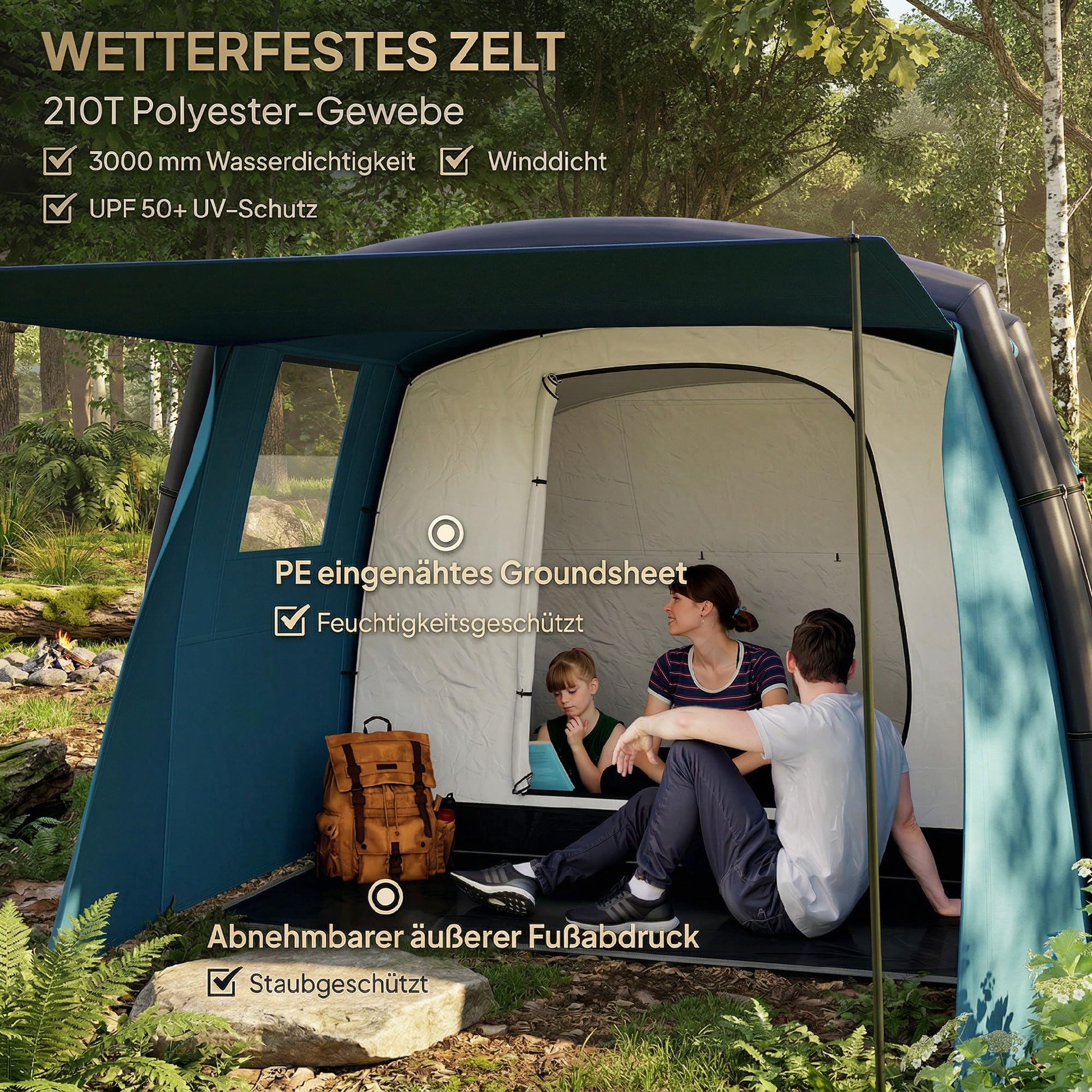 Outsunny Aufblasbares Zelt für 3–6 Personen Outdoor Campingzelt Familienzelt Luftzelt Glamping Zelt für 3 Jahreszeiten mit Luftpumpe UV50+ Winddicht Schneller Aufbau
