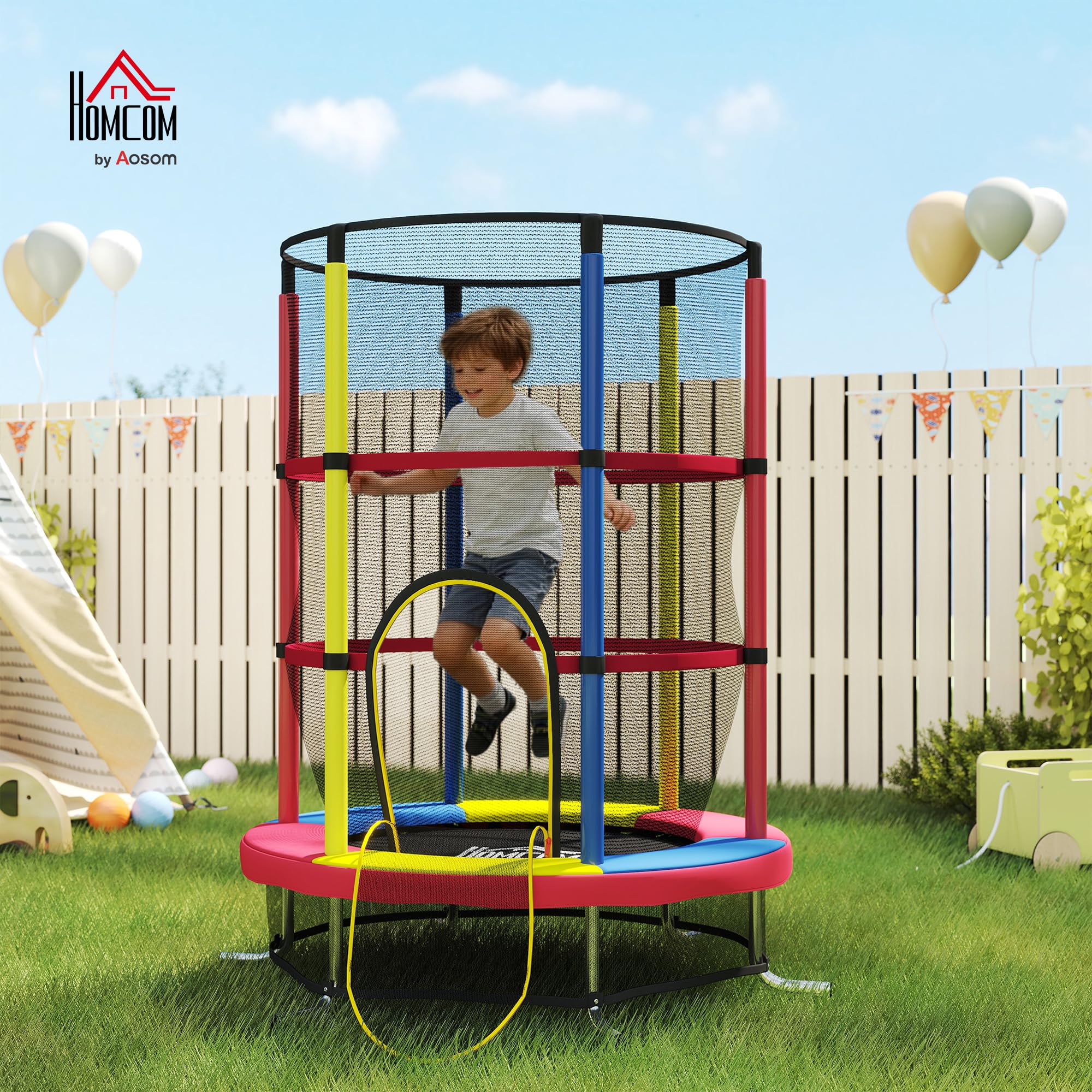 HOMCOM Cama Elástica Infantil, Ø160 cm, Trampolín para Niños de 3-6 Años con Red de Seguridad, Patas en Forma de L, Carga 45 kg, para Interior y Exterior, Multicolor