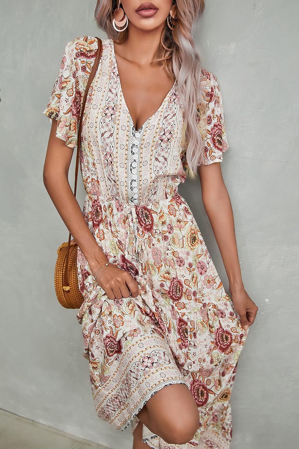 R.Vivimos Womens Summer Floral Print Cotton Short Sleeve Flowy Dress - Image 5