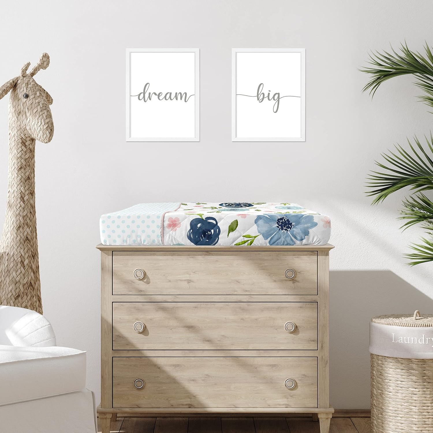 Sweet Jojo Designs Navy Blue and Pink Watercolor Floral Girl Baby Nursery Changing Pad Cover - Blush, Green and White Shabby Chic Rose Flower Polka Dot