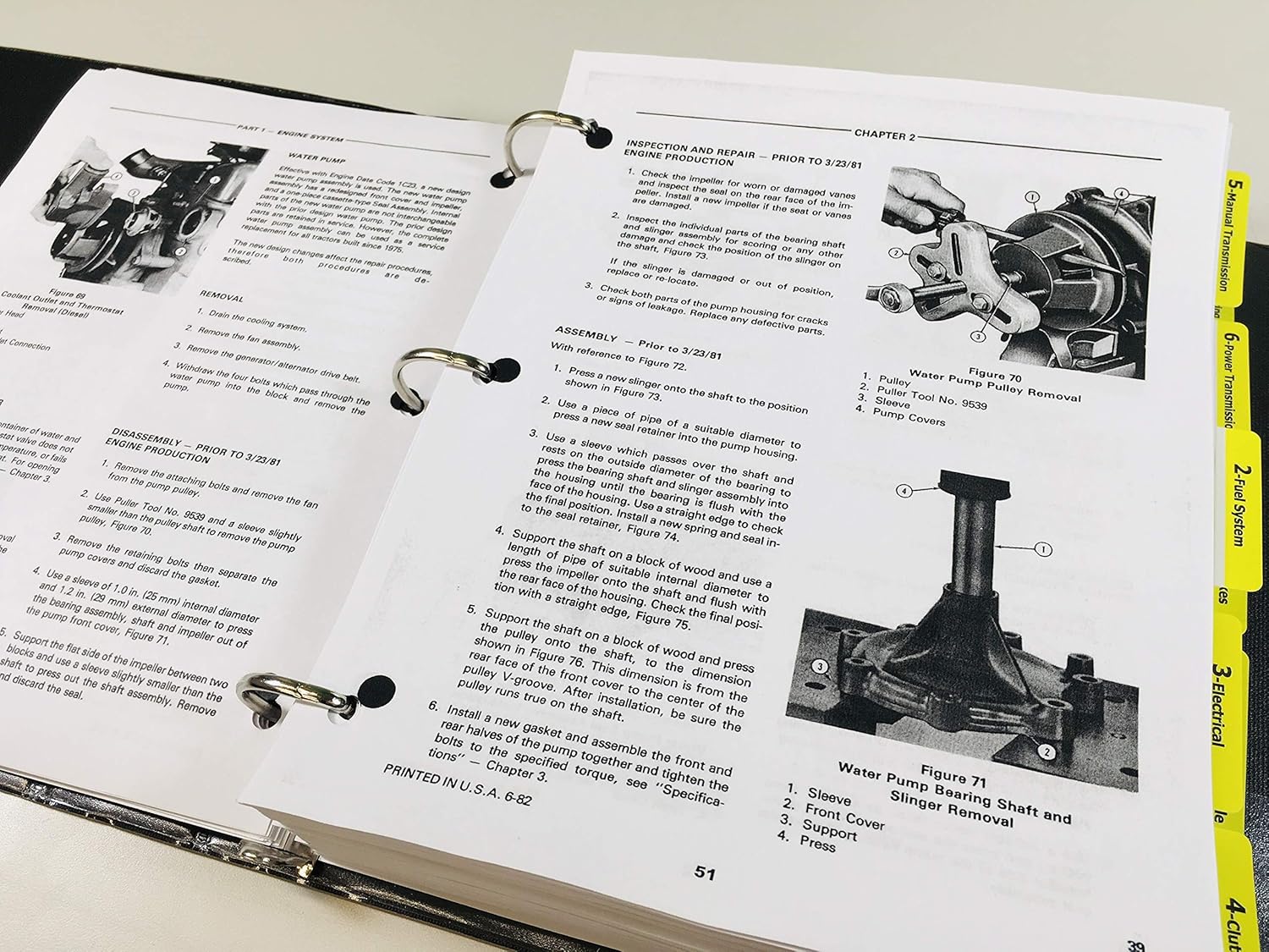 Manual page showing water pump removal and installation instructions for the Ford 550 555