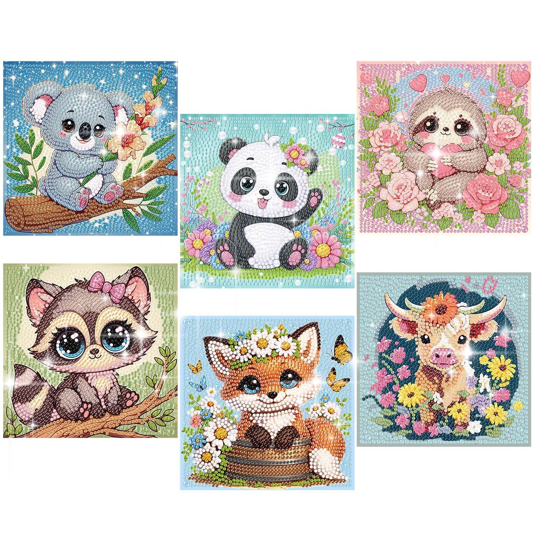 Viart 6 Pack Diamond Art for Kids - Cute Animal Diamond Painting Kids, Kids Diamond Art Animals, Koala Panda Sloth Raccoon Fox Cow Mosaic Kits for Children Girls Boys Gifts (6x6inch)