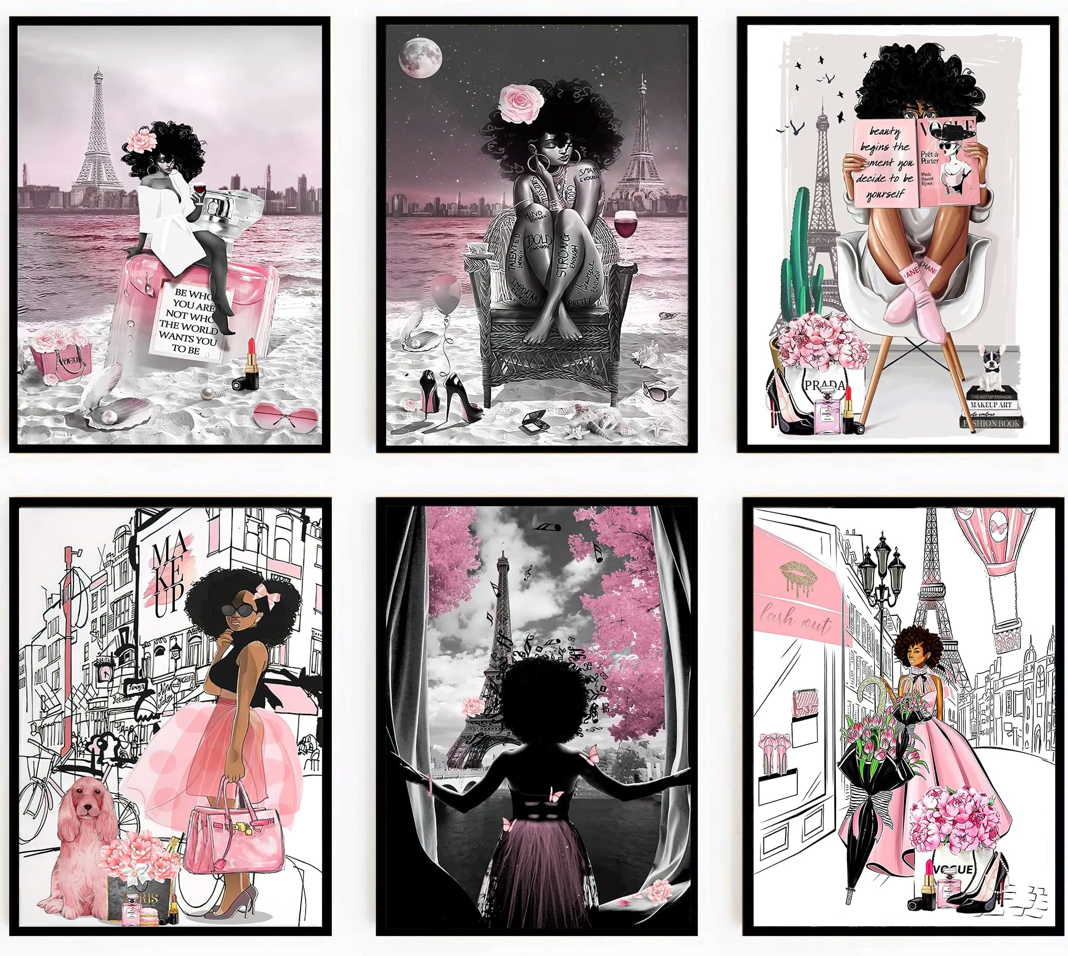 LOARTVE 6Pcs African American Wall Art Black Girl Pink Fashion Wall Decor Pictures Abstract Black Woman Canvas Poster Prints for Teen Girl Living Room Bedroom Home Decoration Unframed