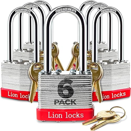 Miniatura 12 de Lion Locks 4 Candados de Llave Igual con Grillete Largo de 2", 8 Llaves, Candado de Acero Endurecido, Cilindro de Pines de Latón Resistente a