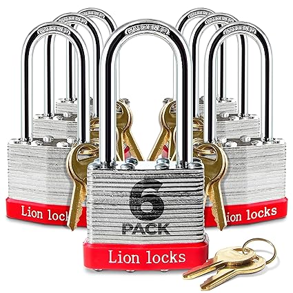 Lion Locks 6 Keyed-Alike Padlocks w/ 2Long Shackle, 12 Keys, Hardened Steel Case, Pick Resistant Brass Pin Cylinder (6-Pack) for Hasp Latch, Shed, Fence, Gate Chain, Cable, Locker Lock, Gym Door