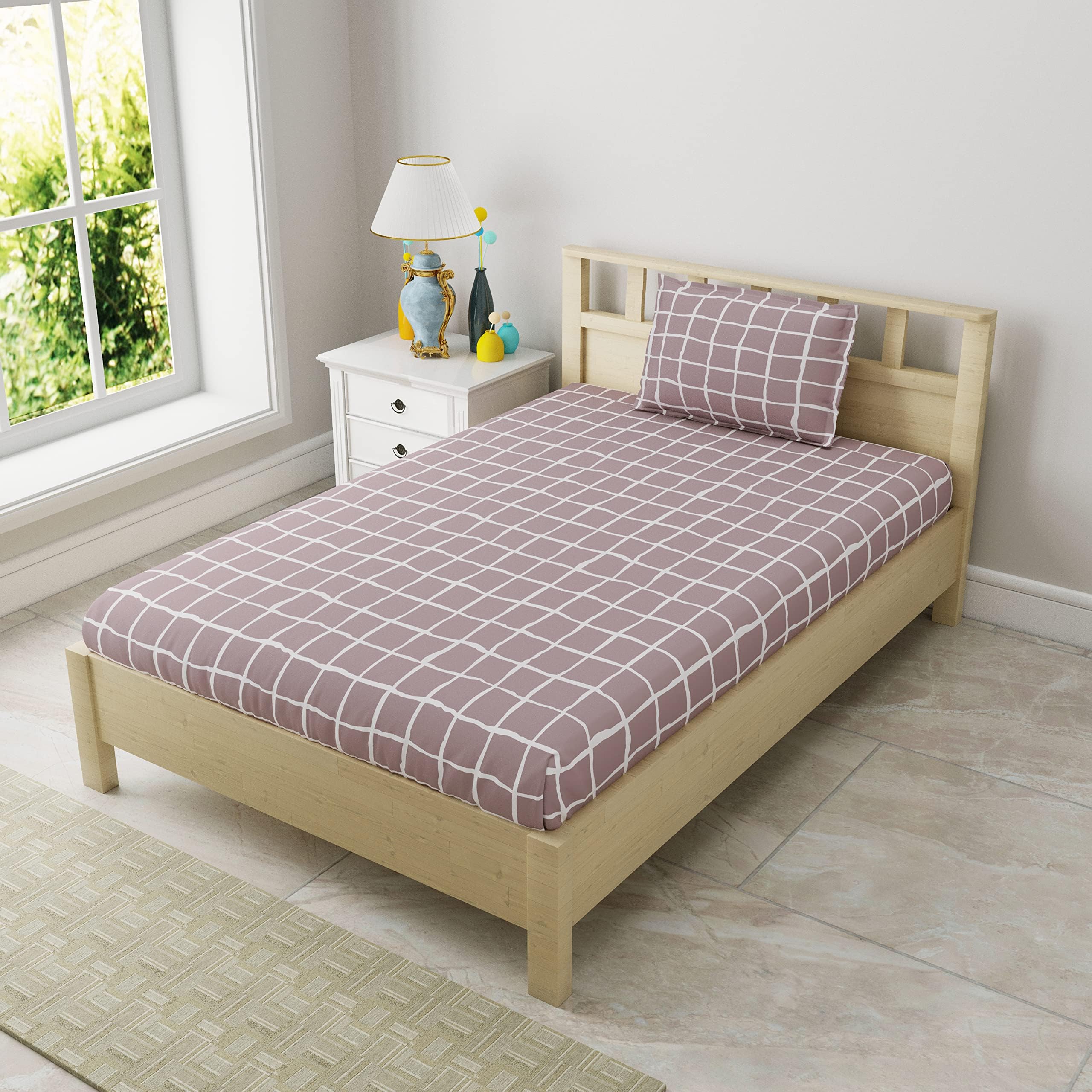 BS Exports Cotton Checked Printed Bedsheet 210 Thread Count Printed Single Size Bed Sheet with 1 Pillow Cover for Bedroom Home Hotel - (Multi 9)
