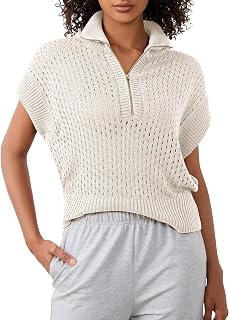 Womens Spring Cap Sleeve Crochet Sweaters Loose Fit Quarter Zip Lightweight Hollow Out Beach Vacations Clothes