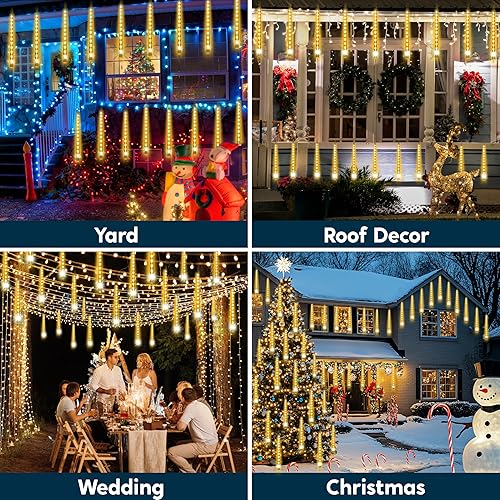 Miniatura 6 de JOYIN Luces de Navidad para exteriores, 8 tubos de luces de lluvia de meteoritos blanco cálido, 192 LED, luz de lluvia en cascada de carámbano de