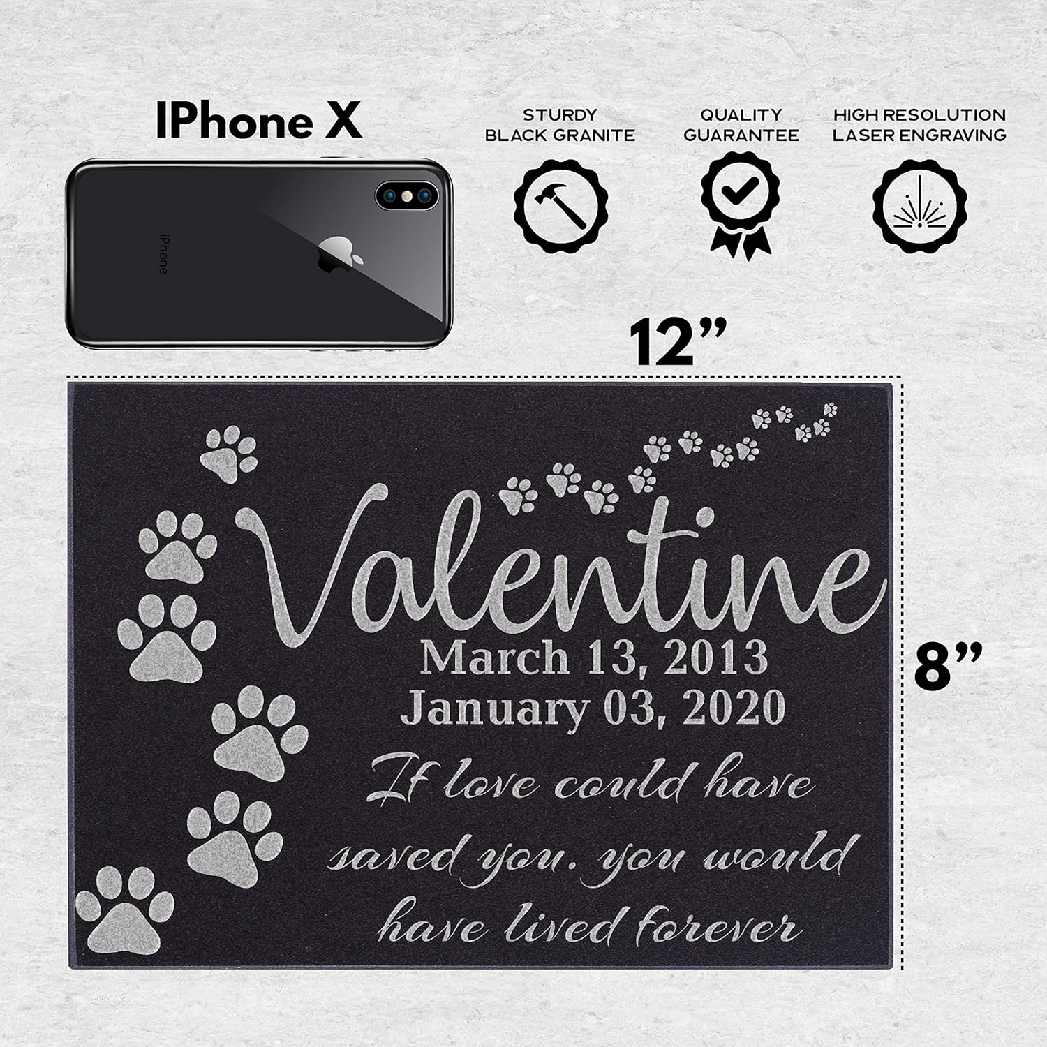 CustomizationMill Personalized Pet Memorial Stone - Granite Dog Grave Marker w 3 Sizes | Garden Stones Loss of Dogs | Sympathy Poem, Loss of Pet Gift, Indoor - Outdoor Tombstone Headstone 12x8