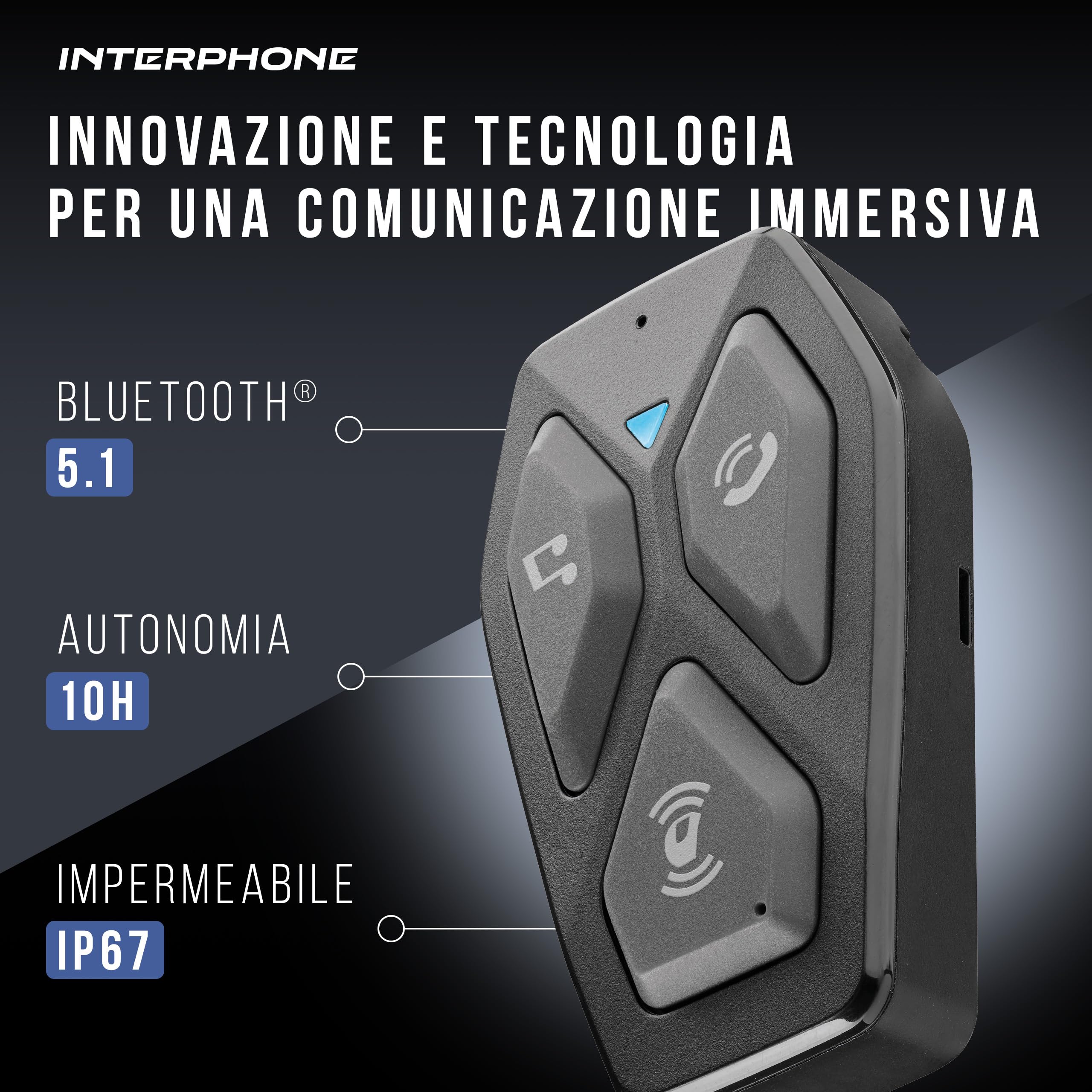 INTERPHONE U-COM 3HD Singolo, Interfono moto di gruppo per 4 utenti fino a 500mt, Interfono casco Bluetooth 5.1 con auricolari HD 40mm per musica, chiamate e GPS, Autonomia 10h e impermeabile IP67