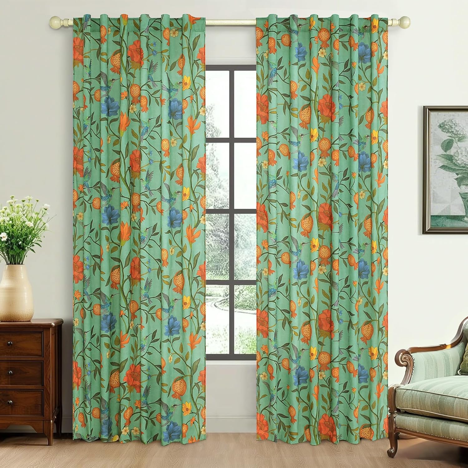JOOJA Green Floral Linen Curtains, Boho Whimsical Bird Print Curtains for Bedroom Window Colorful Patterned Sheer Curtains for Living Room Kitchen 2 Panels 63 Inches Long