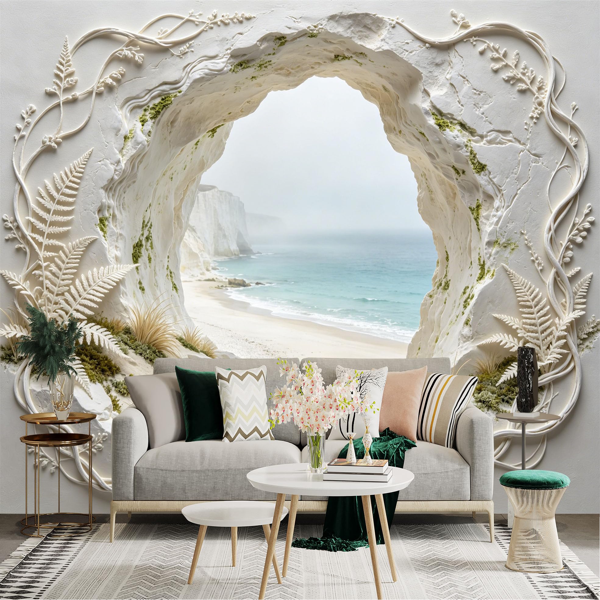 Custom Size Wall Sticker Mural， Coastal Cave View with Ocean Waves， White Cliffs and Ferns， for wall Decoration， peelandstick wall Decals.