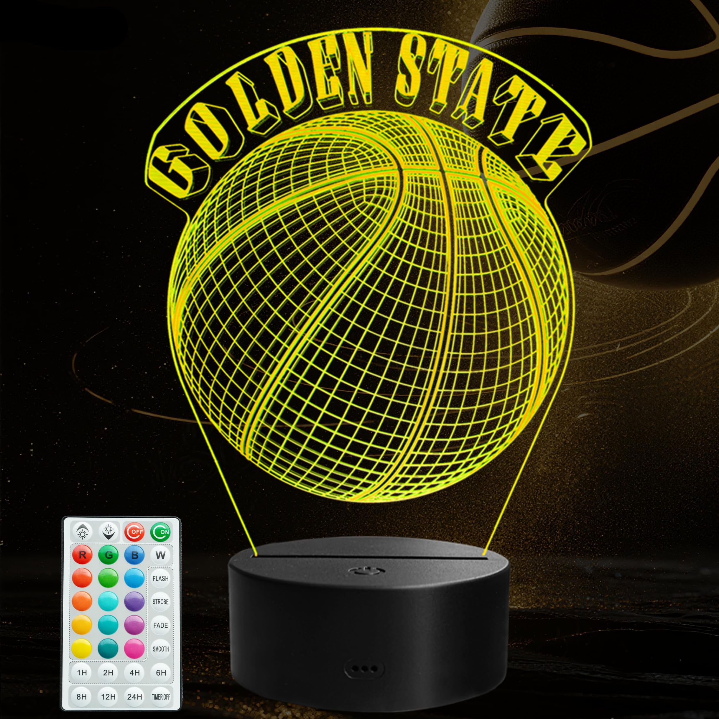 Basketball Golden State Night Light, Golden State Gifts for Boy, 3D Illusion Lamp with Remote Control, 16 Colors Changing, RGB Flashing Mode and Dimmable, Gifts for Boys Christmas Decor