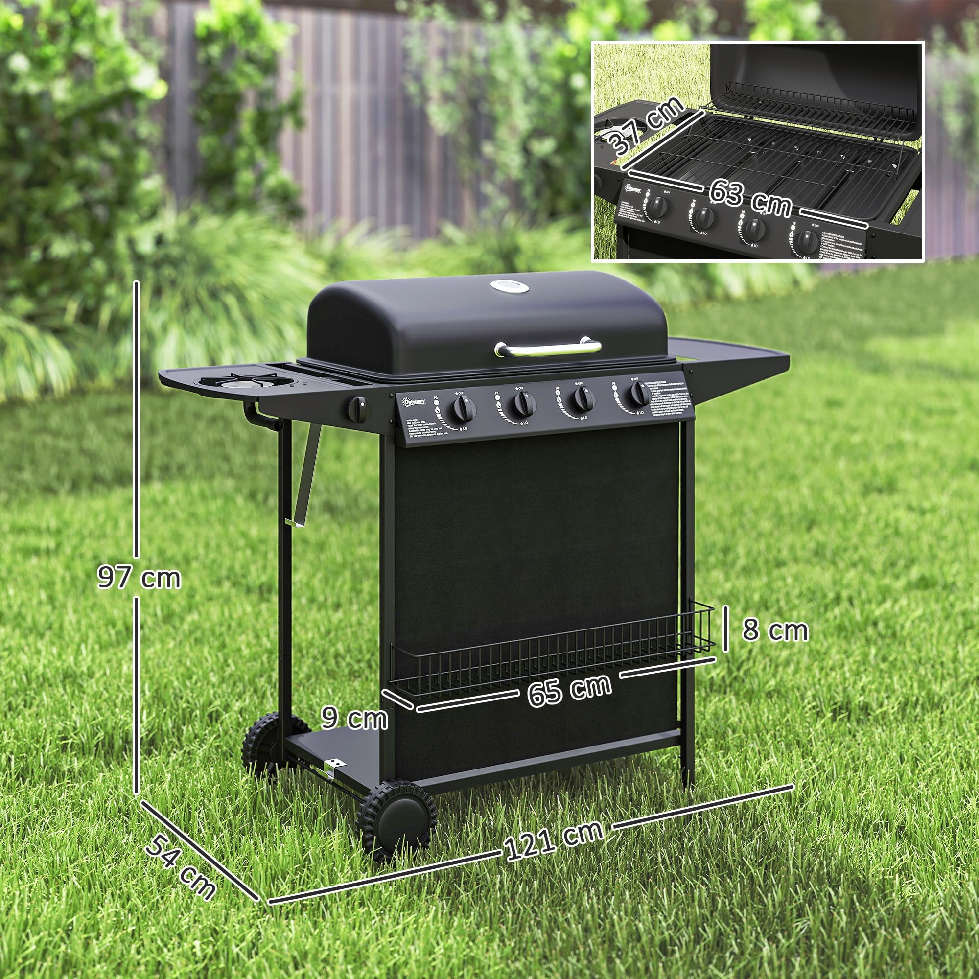 Outsunny Barbacoa de Gas BBQ Gas con 4+1 Quemadores 12 kW Barbacoa Portátil con Estante Especiero Termómetro Mesa Lateral 2 Ruedas Parrilla Recogedor de Grasa para Exterior Jardín Camping Negro