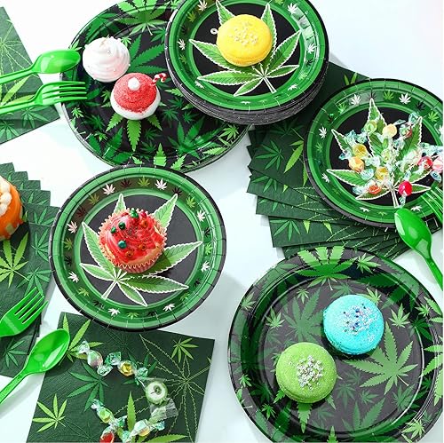 Miniatura 7 de 100 piezas de suministros de fiesta con temática de maleza, decoración de fiesta de maleza, platos de fiesta, servilletas, vajilla, hojas de maceta