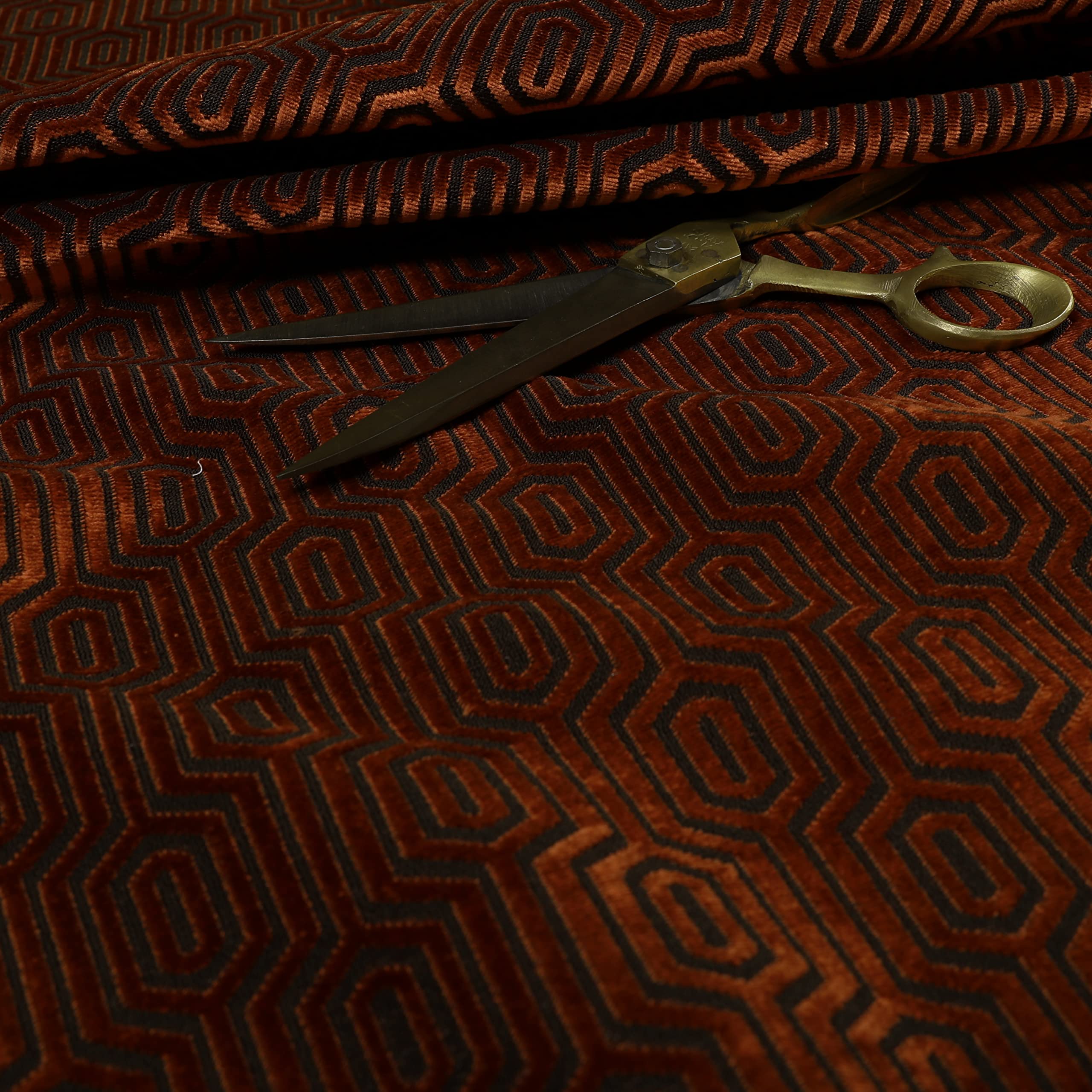 Redbrick Mill Fabrics Flame Retardant Geometric Pattern Velvet Upholstery Fabric by The Metre for Curtains, Chairs and Soft Furnishings, Brown Orange (Per Metre) โ image 1