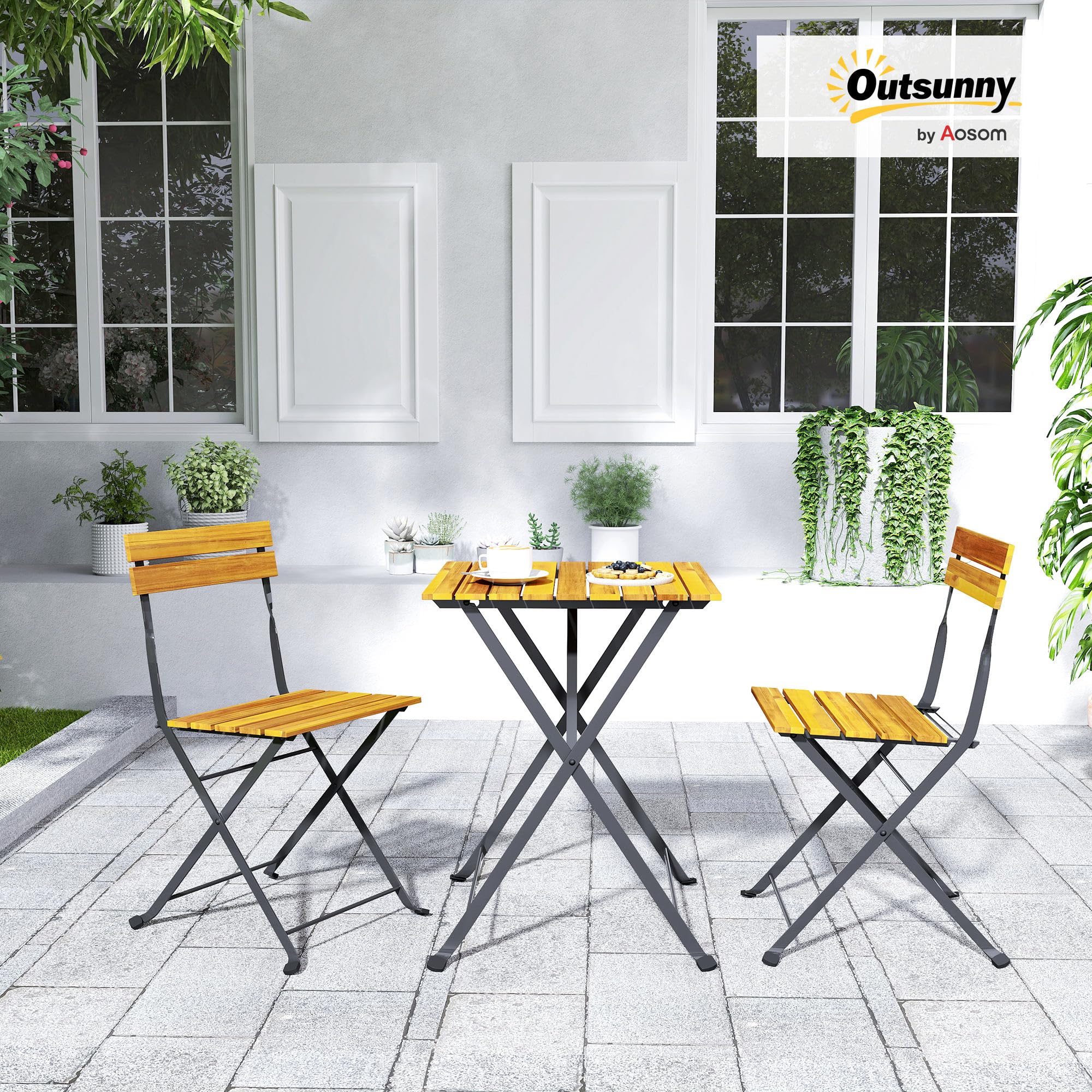 Outsunny Ensemble Bistrot de Jardin 3 Pièces, Salon de Jardin Extérieur 2 Personnes, Table Basse en Bois d'Acacia et Acier